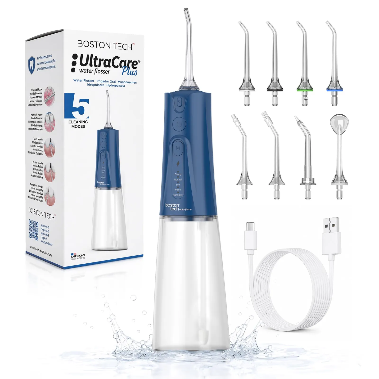 Irrigador Dental Portátil Aquapik UltraCare Plus 300ml 8 Boquillas 5 Modos (Azul)