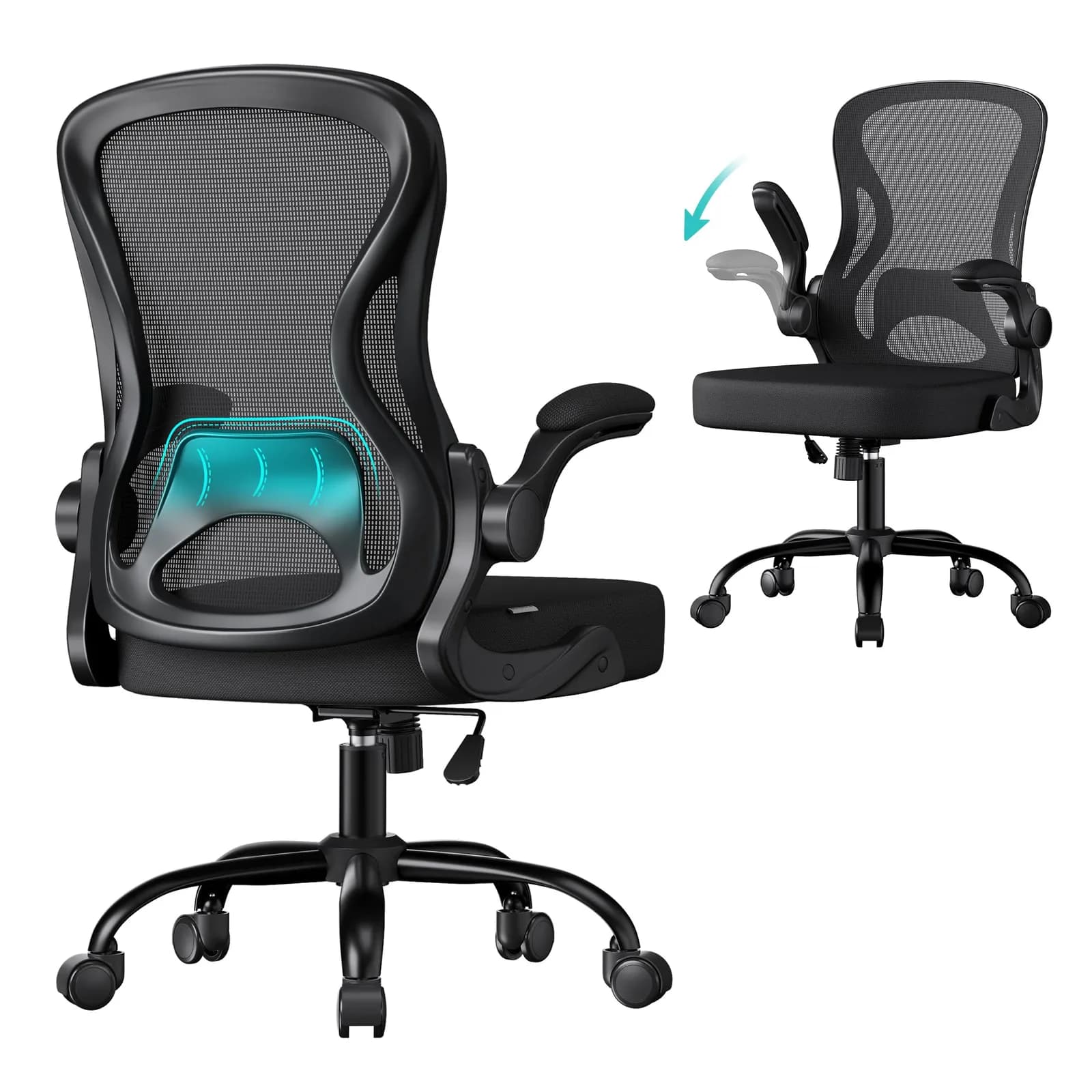Silla de Oficina SONGMICS Ergonómica Malla Soporte Lumbar Reposabrazos Abatibles Negro Tinta OBN042BH02