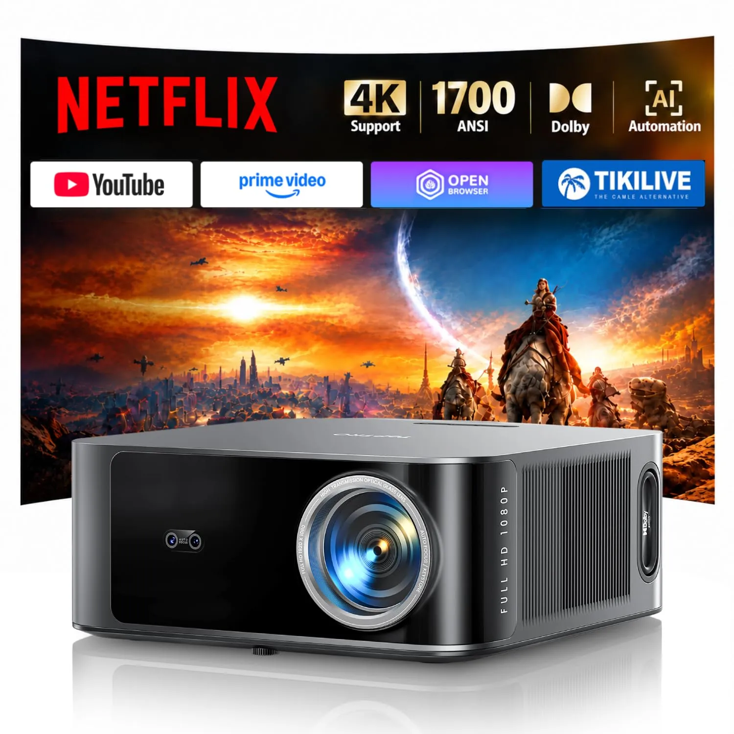 Proyector 4K 1700 ANSI, Netflix Ready, Sonido Dolby 50W, App Inteligente, Enfoque y Corrección Automáticos, Nativo 1080P FHD, HDR