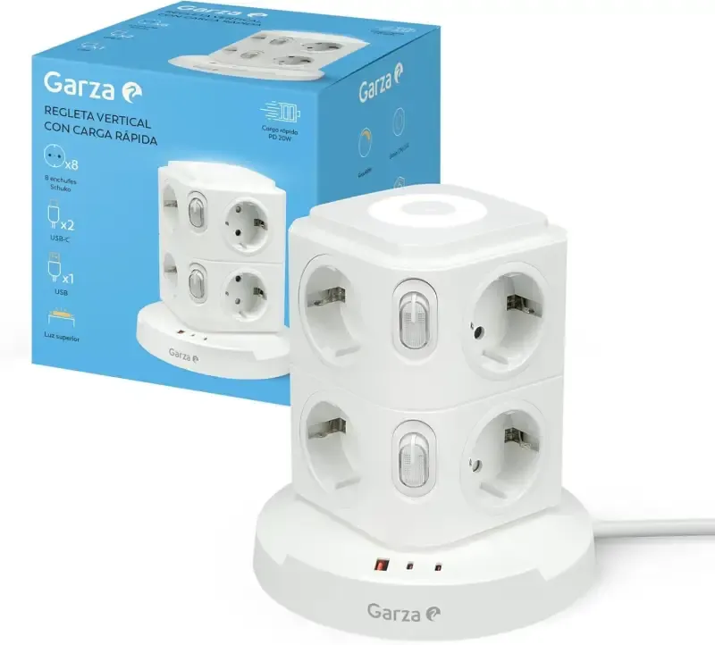 Regleta Vertical Garza: 8 Enchufes Schuko, 2 USB-C, 1 USB-A y Luz LED