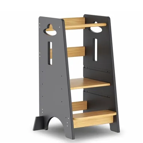 Torre de Aprendizaje COSYLAND Madera Niños 1-6 Años Ajustable 3 Niveles 80cm Gris/Natural