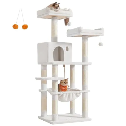Árbol para Gatos Feandrea 143 cm: Rascadores, Plataformas, Cueva, Hamaca, Pompones - Blanco Crema PCT015W02