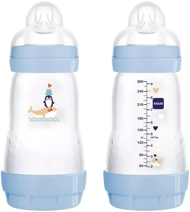 MAM Biberón Easy Start Anticólicos 260 ml, Tetina Silicona SkinSoft, 2+ Meses, Azul