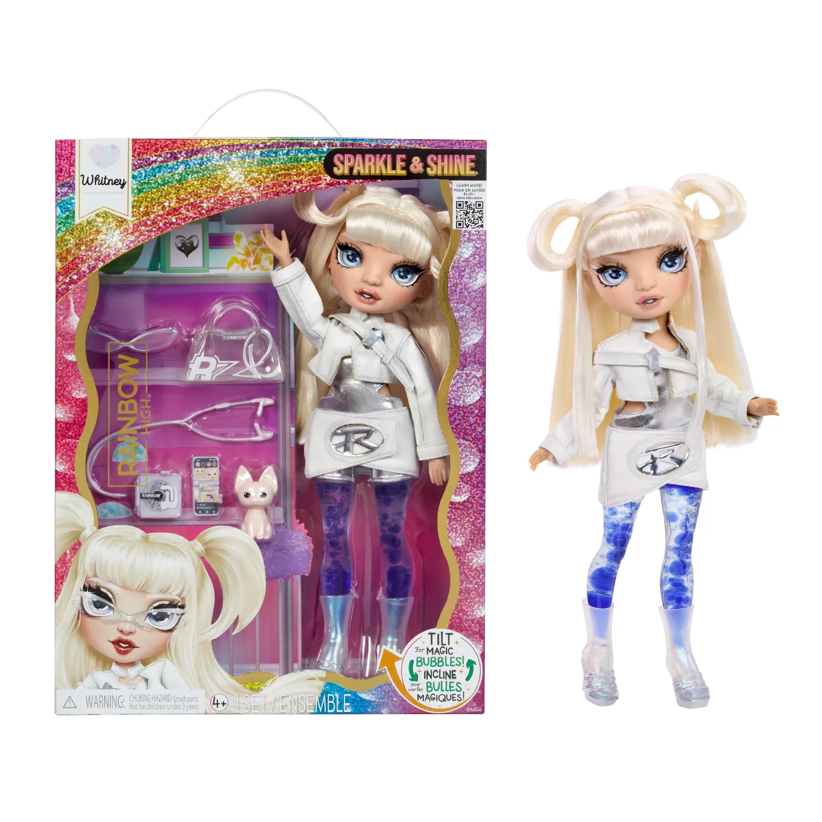 Muñeca Rainbow High Sparkle & Shine Whitney, 28 cm, Pelo Blanco, Burbujas Mágicas