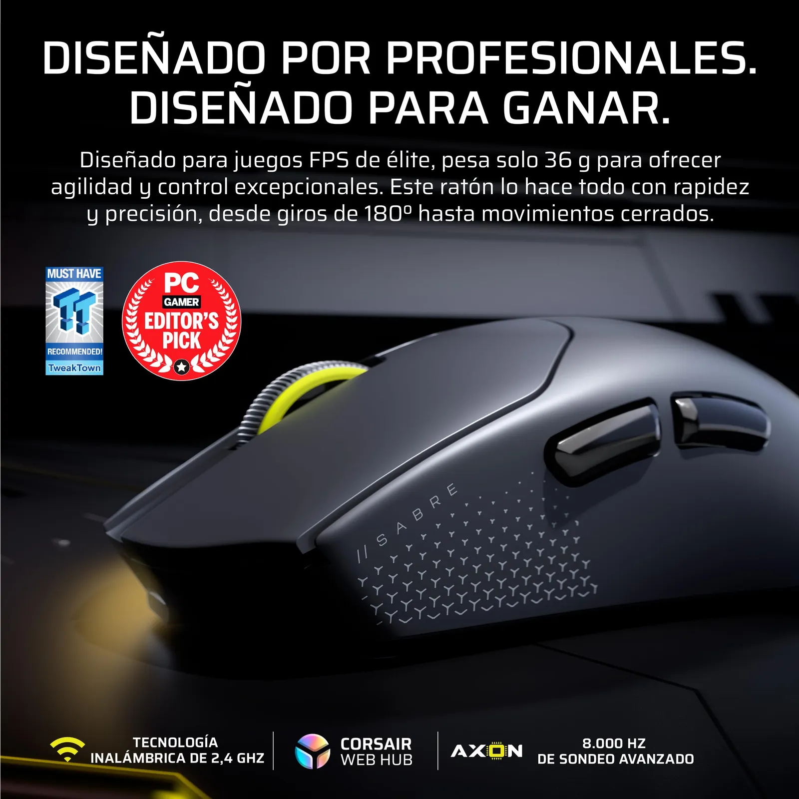 Ratón Gaming Corsair Sabre RGB Pro Ultralight Wireless FPS - 33K DPI, 36g, 8000Hz