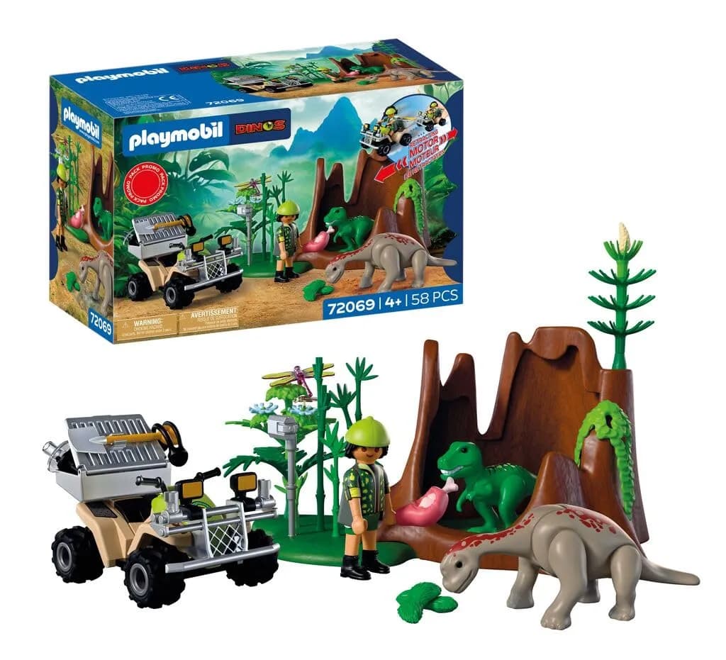 PLAYMOBIL Dinos Escondite de Dinosaurios 72069: Investigador, Quad y crías de dinosaurios
