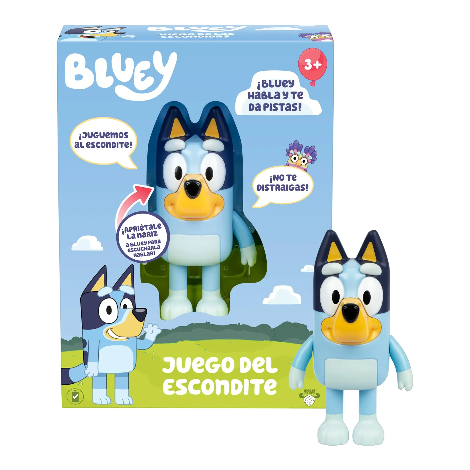 Juego Bluey Escondite: Esconde a Bluey, aprieta su nariz para reiniciar la cuenta. Habla y ríe para ayudar a encontrarla. Incluye