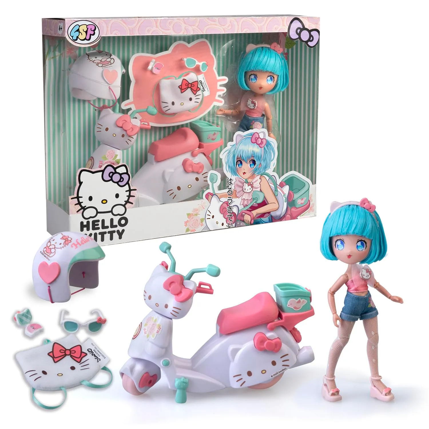 Muñeca Fashion Hello Kitty con Moto y Accesorios, 19.5 cm, 15 Puntos Articulación