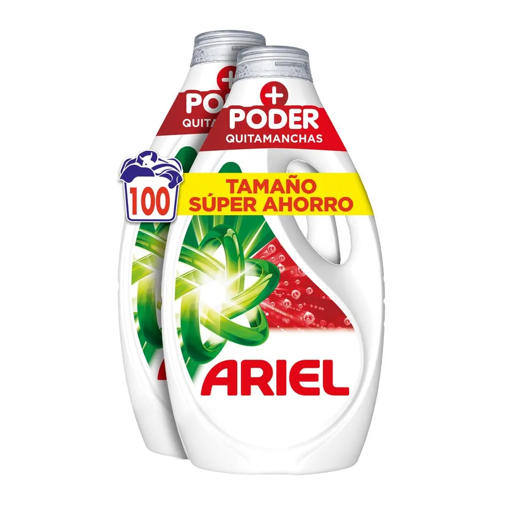 Ariel Detergente Líquido, 100 Lavados, Quitamanchas Extra Poder