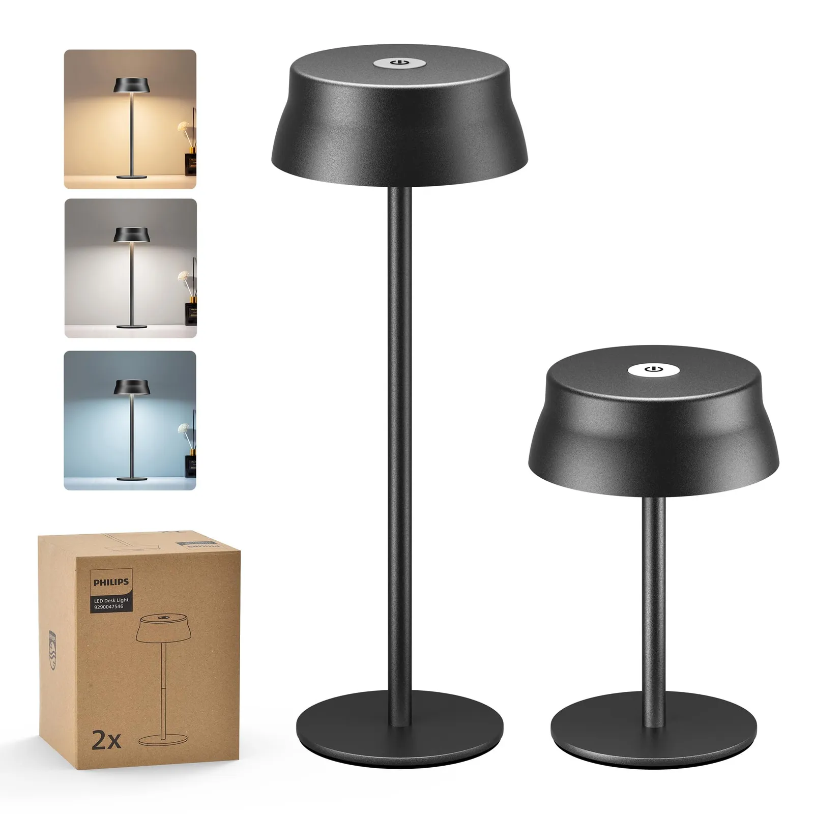 Lámpara de mesa LED Philips portátil exterior recargable táctil 2 alturas 3 colores regulables impermeable