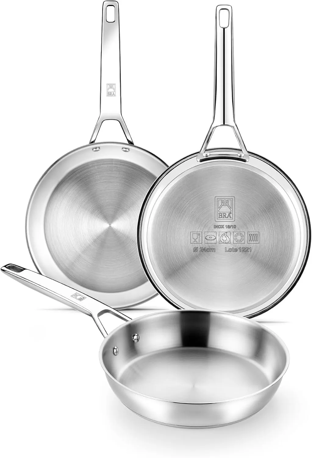 Set 3 sartenes BRA Signature Acero Inox 18/10 20-24-26cm, triple fondo difusor, apto induccion