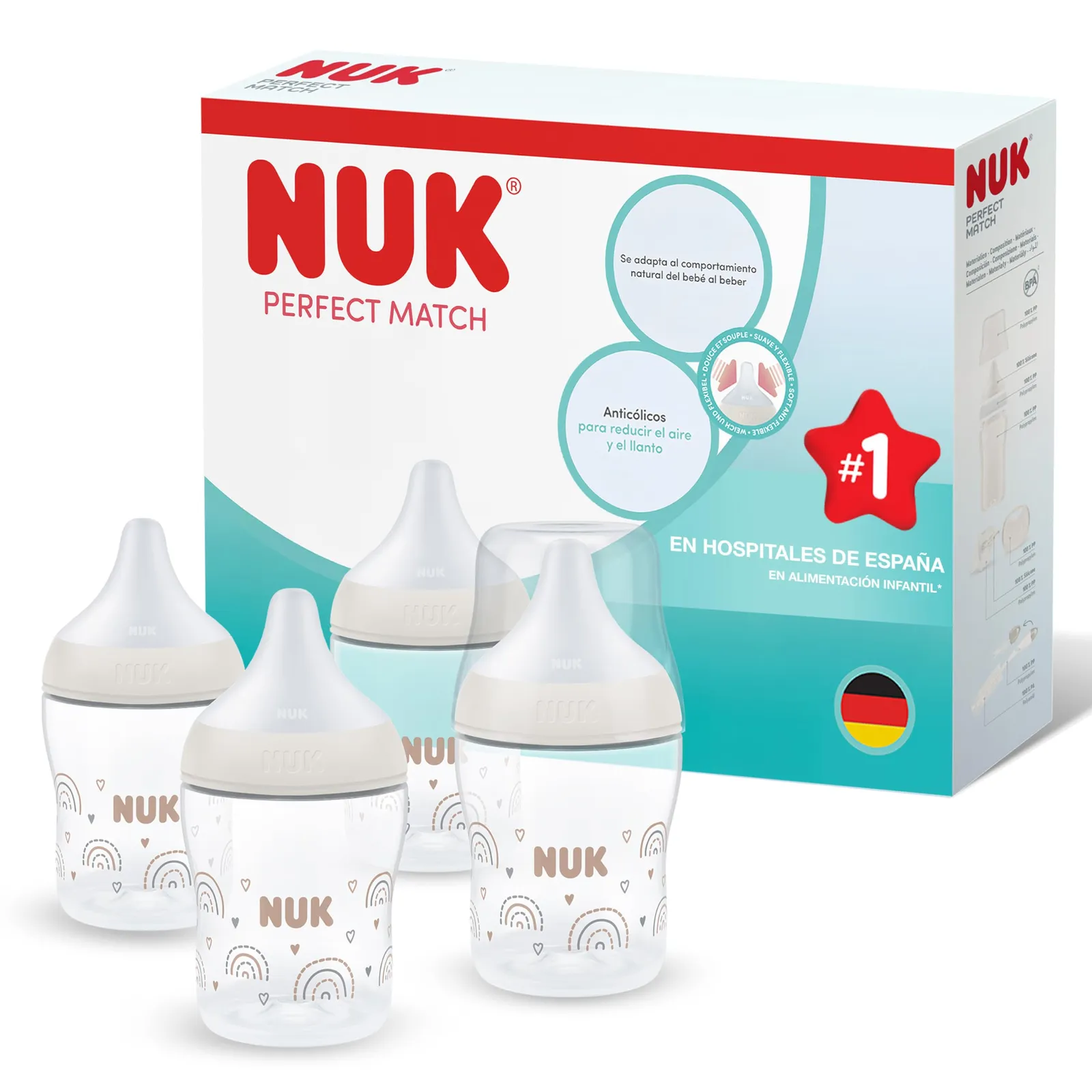 NUK Perfect Match Biberón anticólicos recién nacido, 4 unidades, 150 ml, 0+ meses
