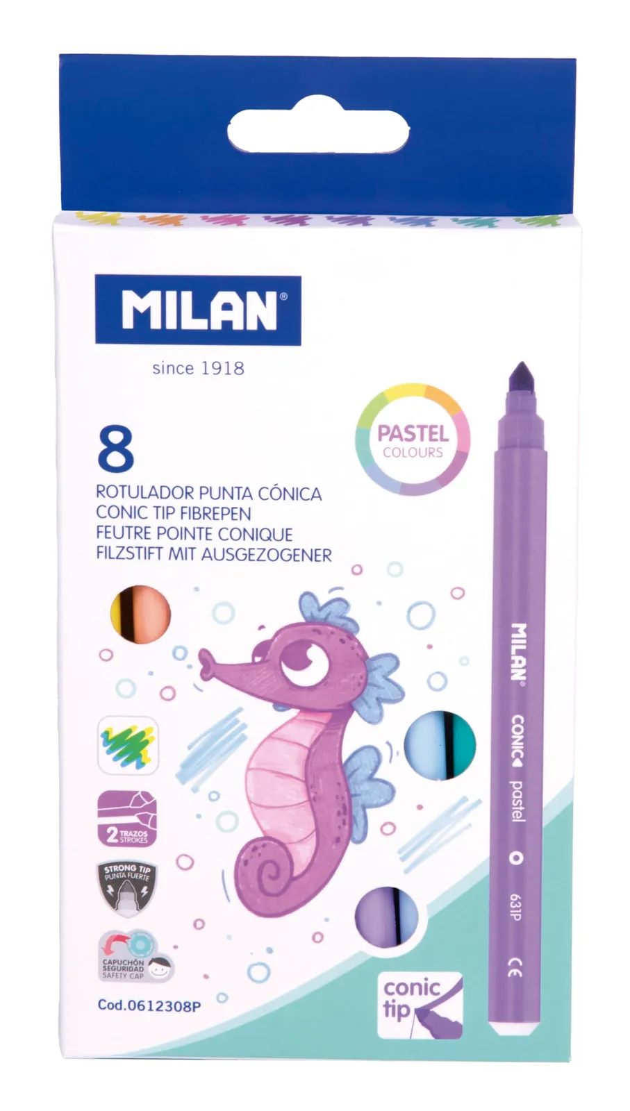 MILAN Caja 8 rotuladores punta cónica, colores pastel