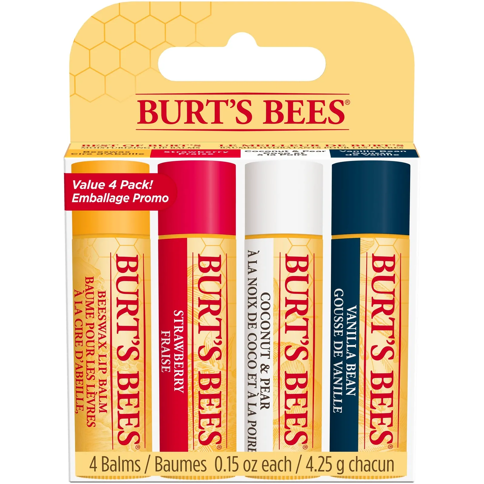 Pack 4 Bálsamos Labiales Burt's Bees: Cera Abejas, Fresa, Coco, Pera y Vainilla