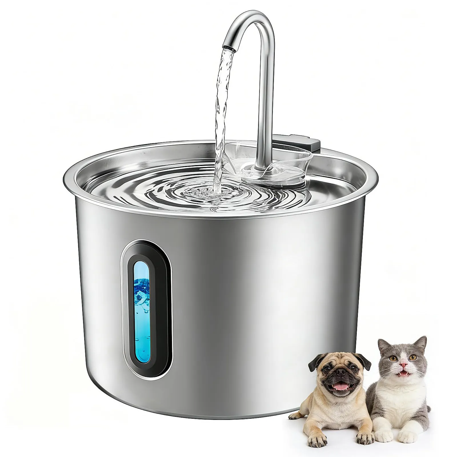 Fuente de Agua para Gatos Rever E101 - Acero Inox 2.2L, Ultra-silenciosa, Multi-filtración