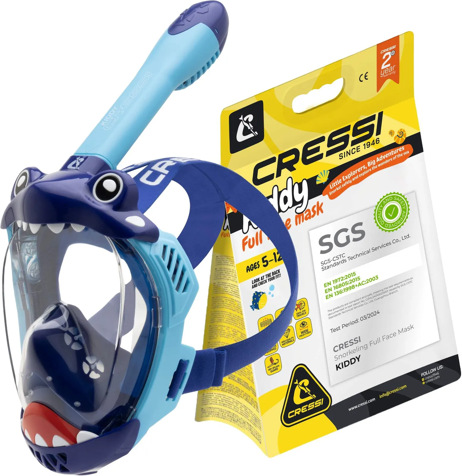 Cressi Kiddy Kids Máscara Integral de Buceo para Niños, Antivaho, Azul Claro/Azul/Azul Blanco