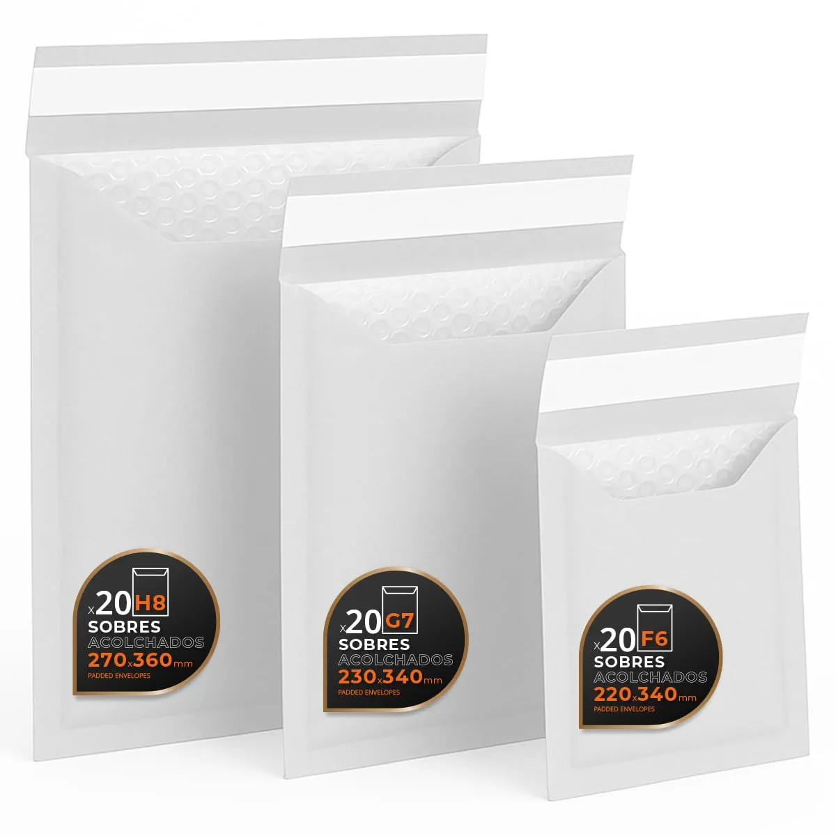Pack 60 Sobres Acolchados Ofituria Kraft/Blanco, Cierre Autoadhesivo, 3 Tamaños Disponibles