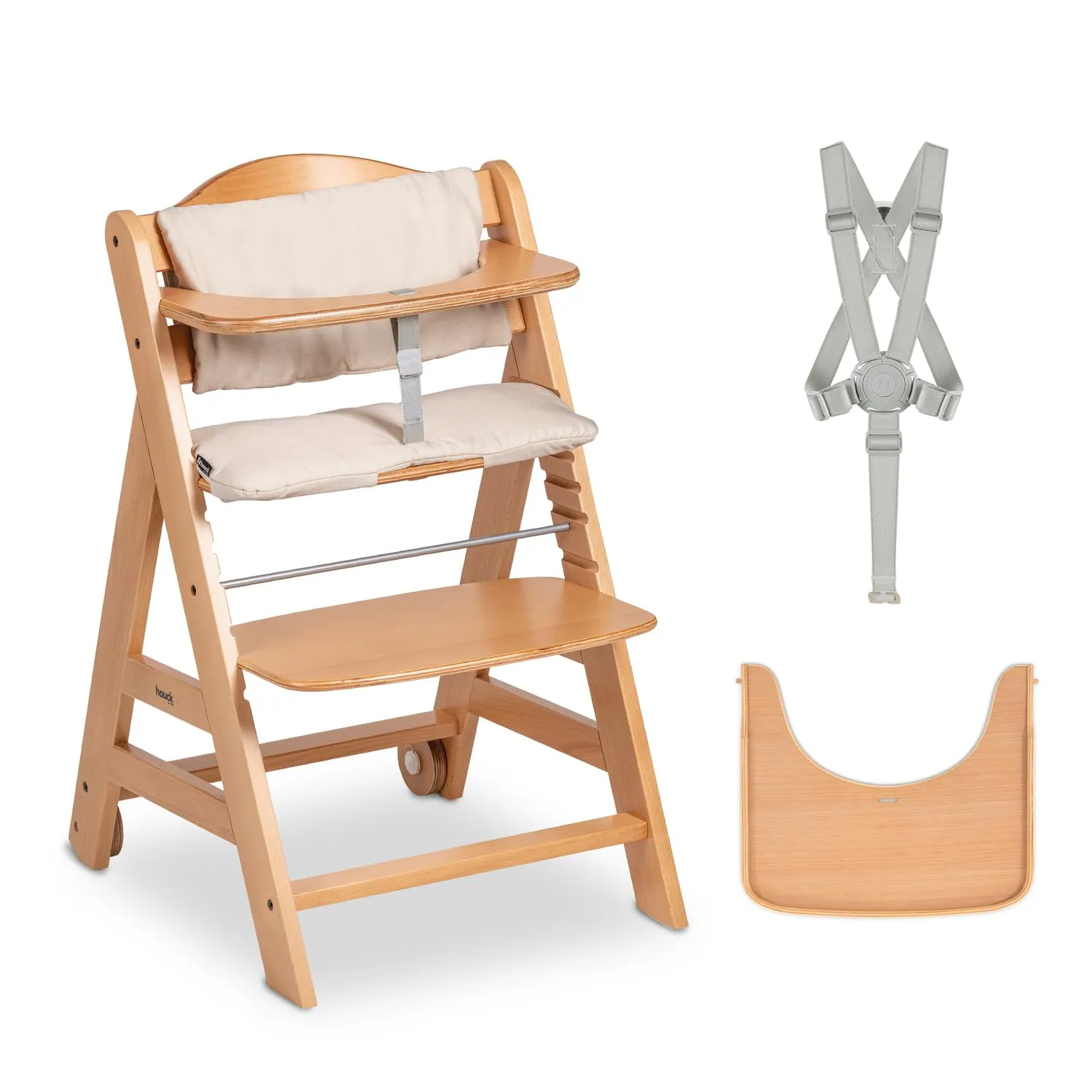 Hauck Beta Plus Trona Evolutiva Madera FSC Cojín Bandeja Arnés Seguridad Natural