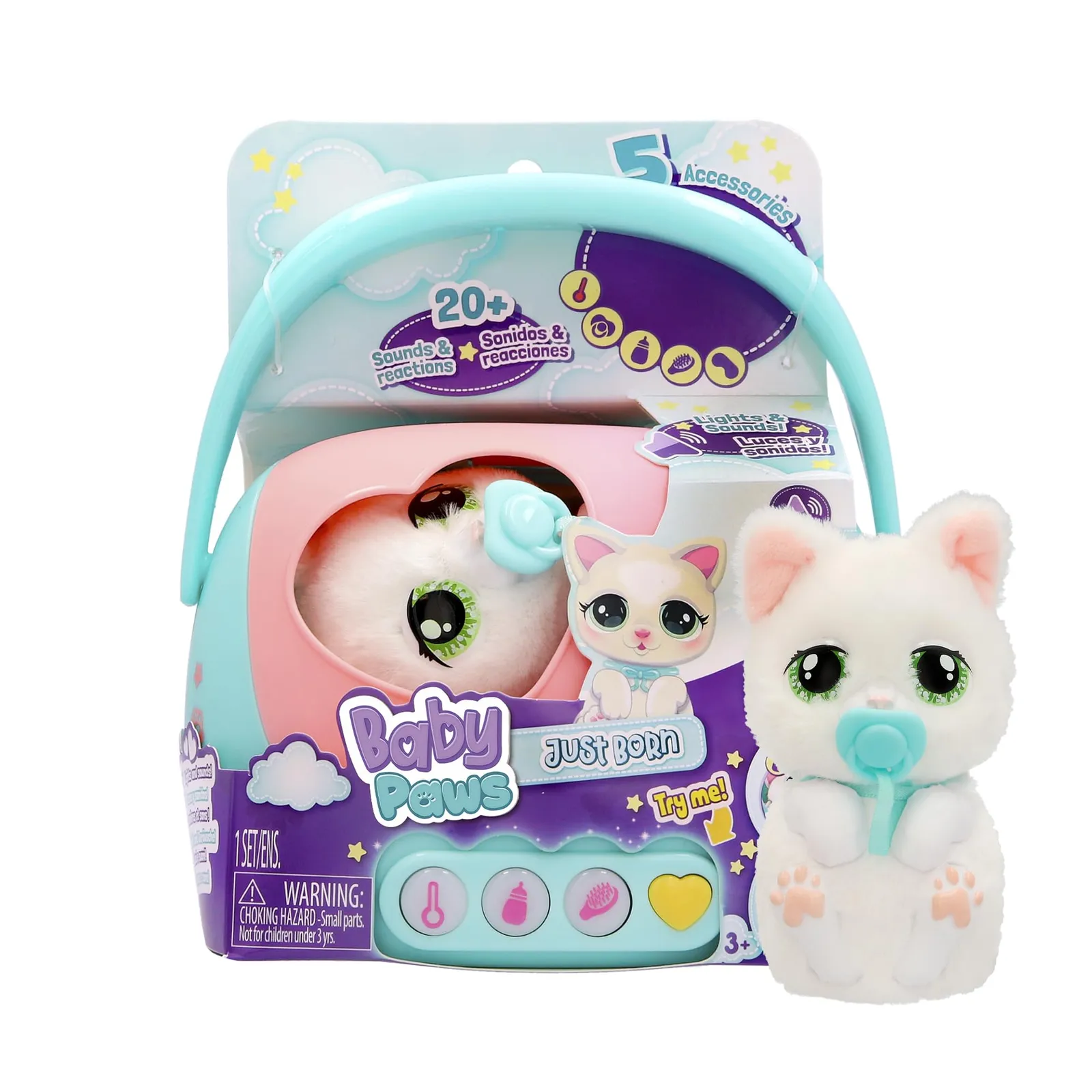 Mascota Interactiva Baby Paws Just Born Gatito con Transportín Electrónico