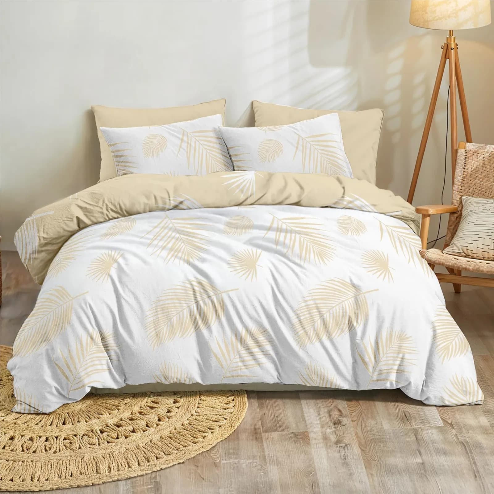 Dreamzie Funda Nórdica Cama 135 Hojas Palmera Beige/Blanco + 2 Fundas Almohada 65x65 cm