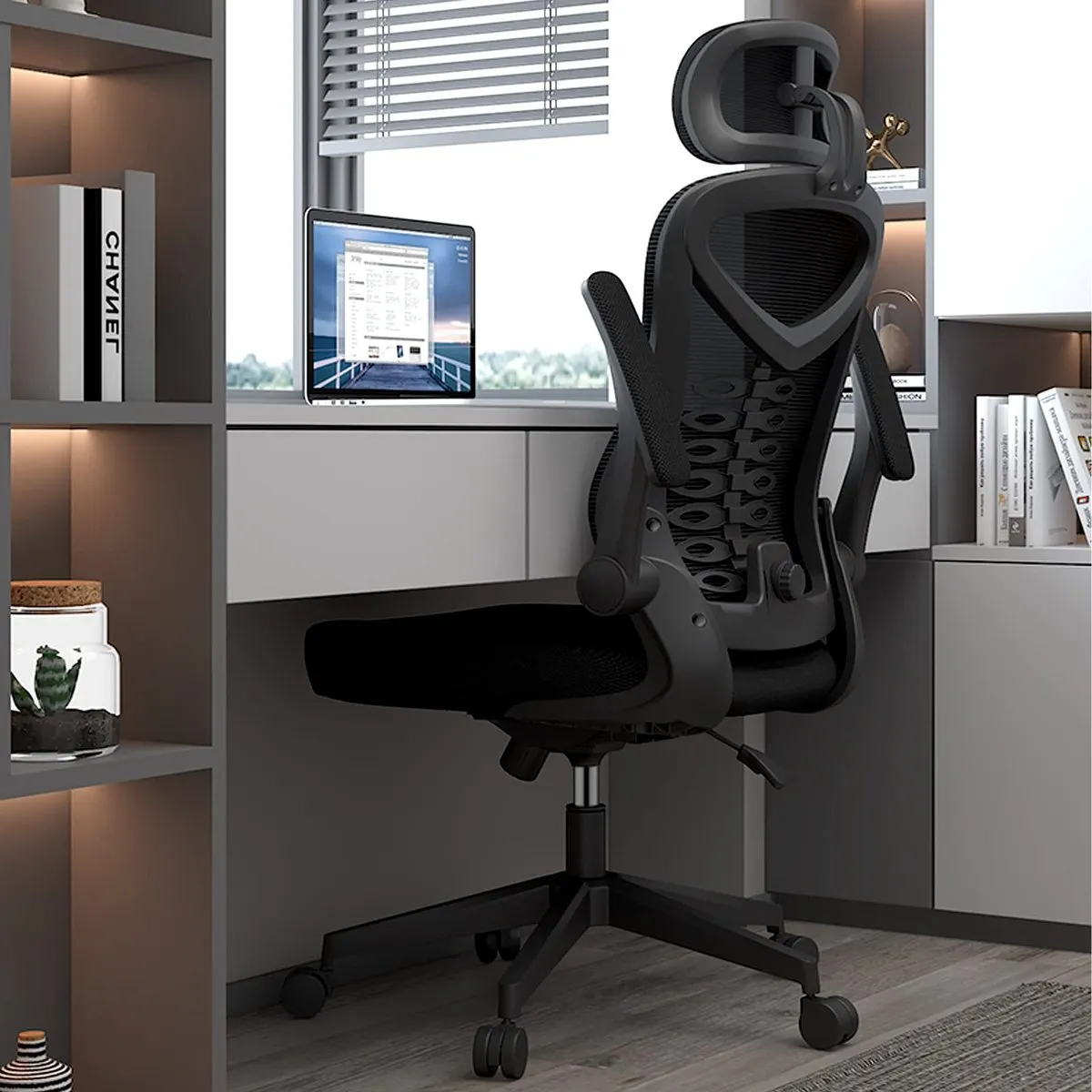 Silla de Oficina Ergonómica con Reposabrazos Abatibles y Soporte Lumbar