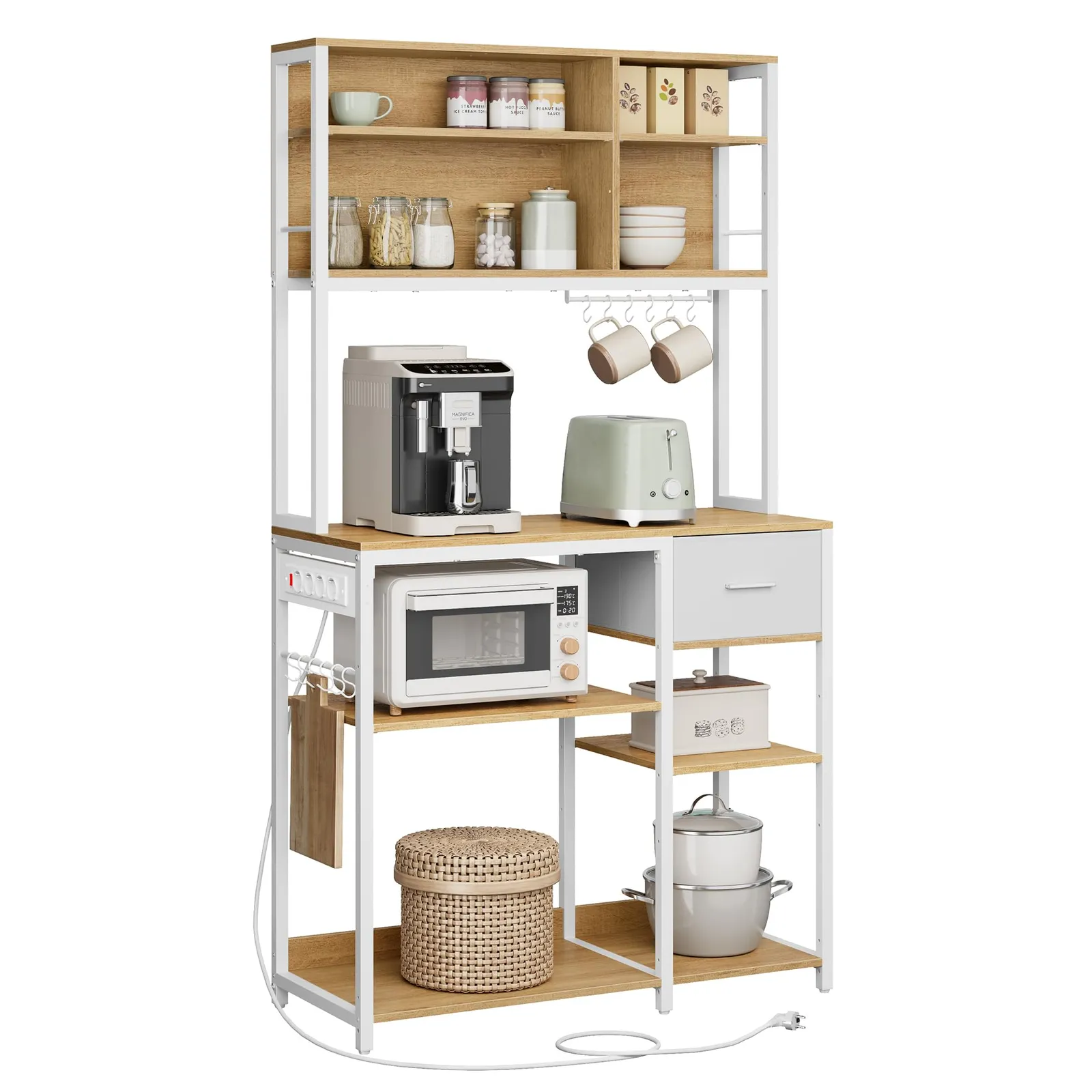 Estantería de Cocina VASAGLE con Enchufe Integrado, 40x100x180.4 cm, Roble Dorado/Blanco Nube