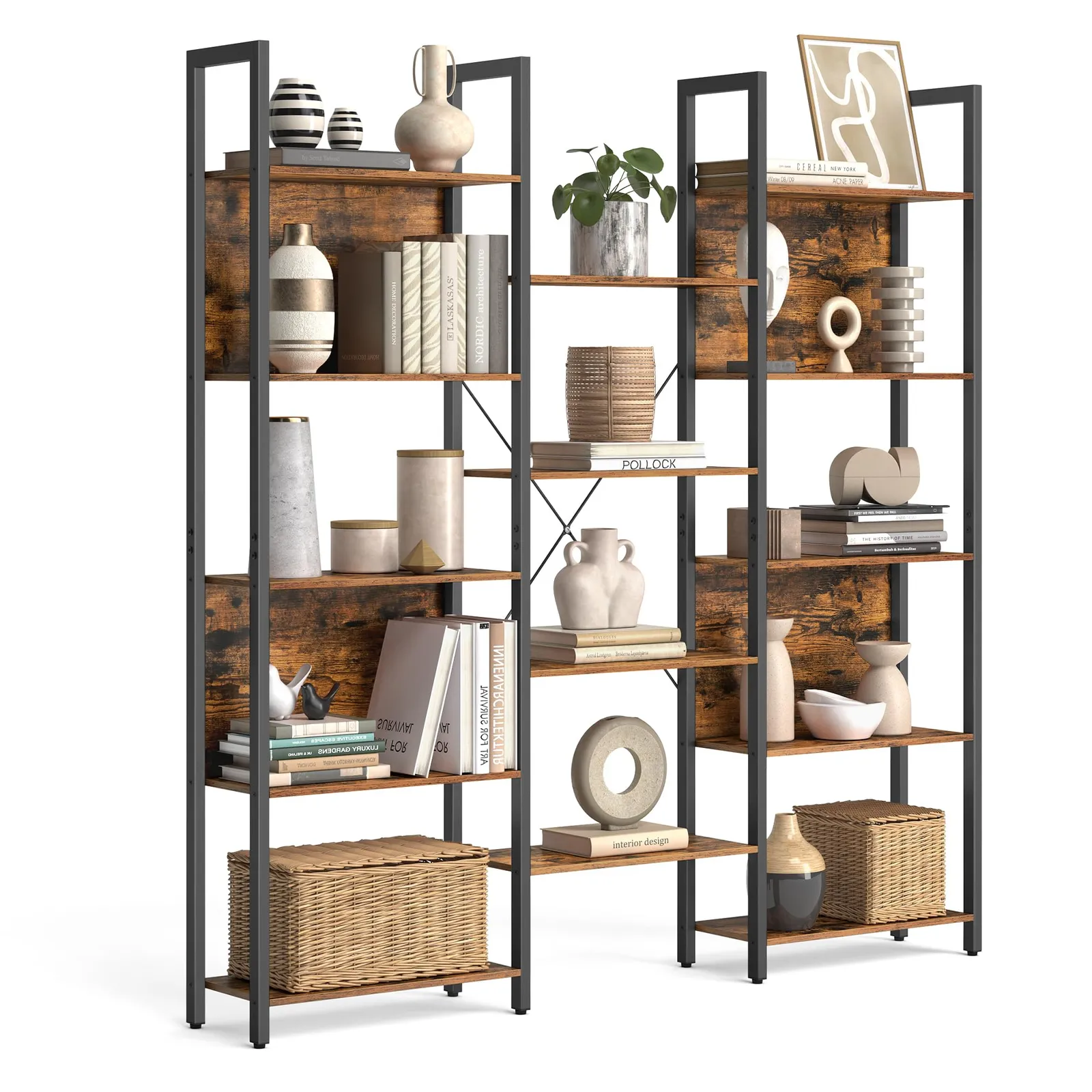VASAGLE Librería Estantería 14 Estantes Metal 24x158x166cm Marrón Rústico Negro LLS107B01