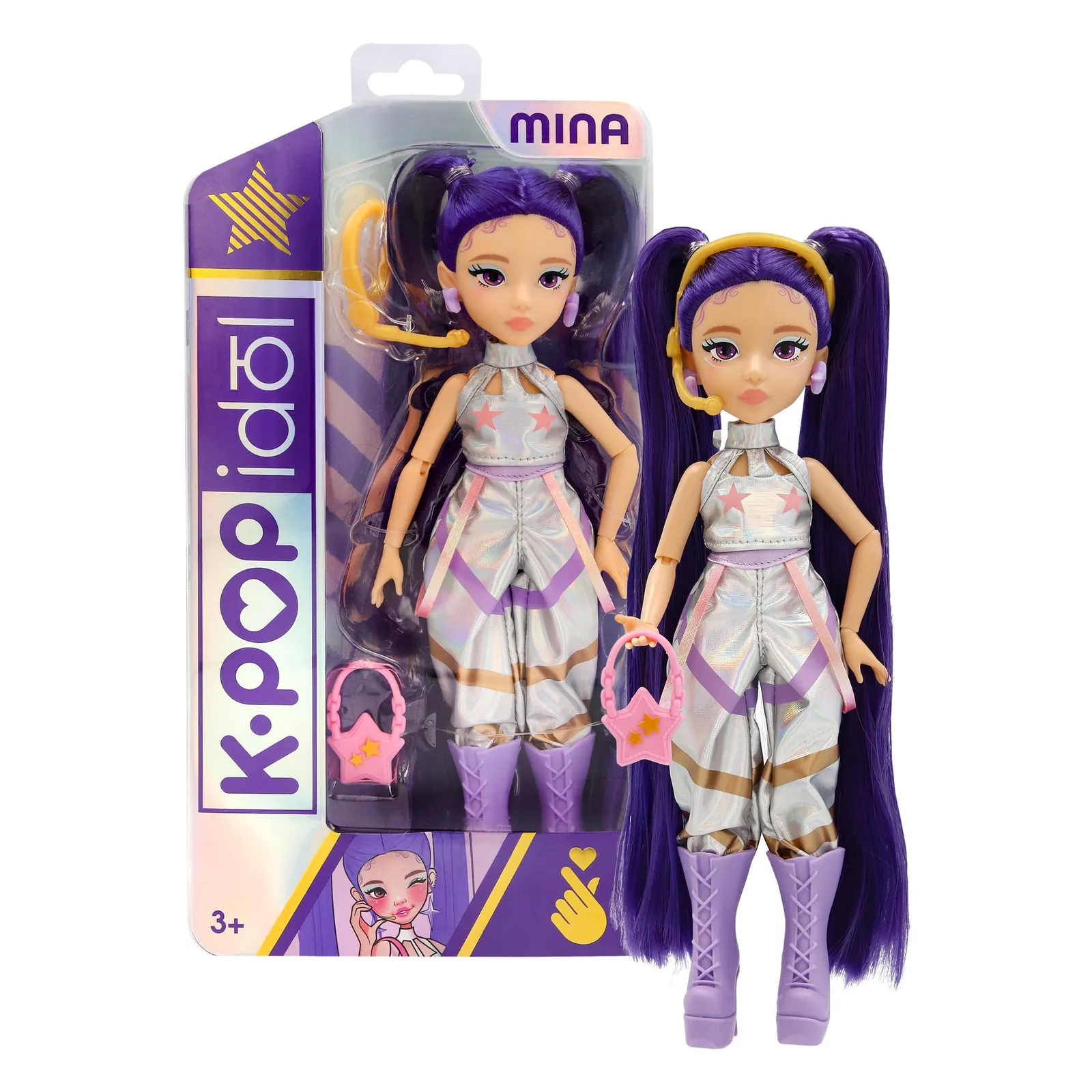 Muñeca Mina K-POP IDOL Starlight Fashion Doll con Cabello Morado, 3 Accesorios para Outfits. Para Fans a Partir de 3 Años.