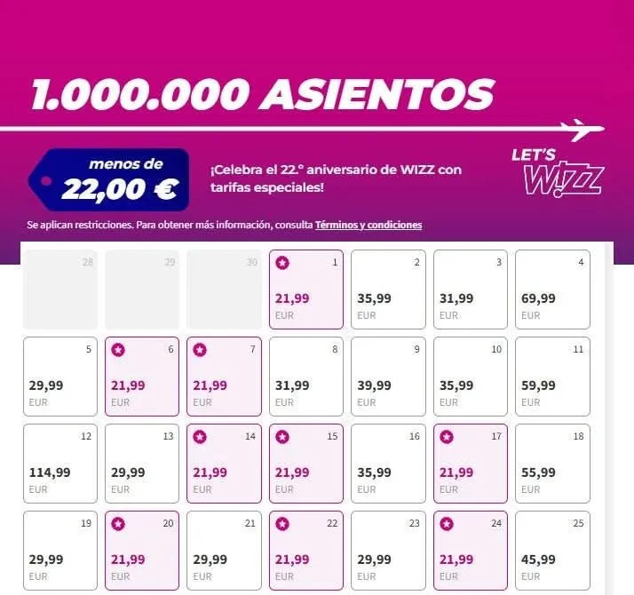 Vuelos Wizz Air desde 22€ por su 22 aniversario