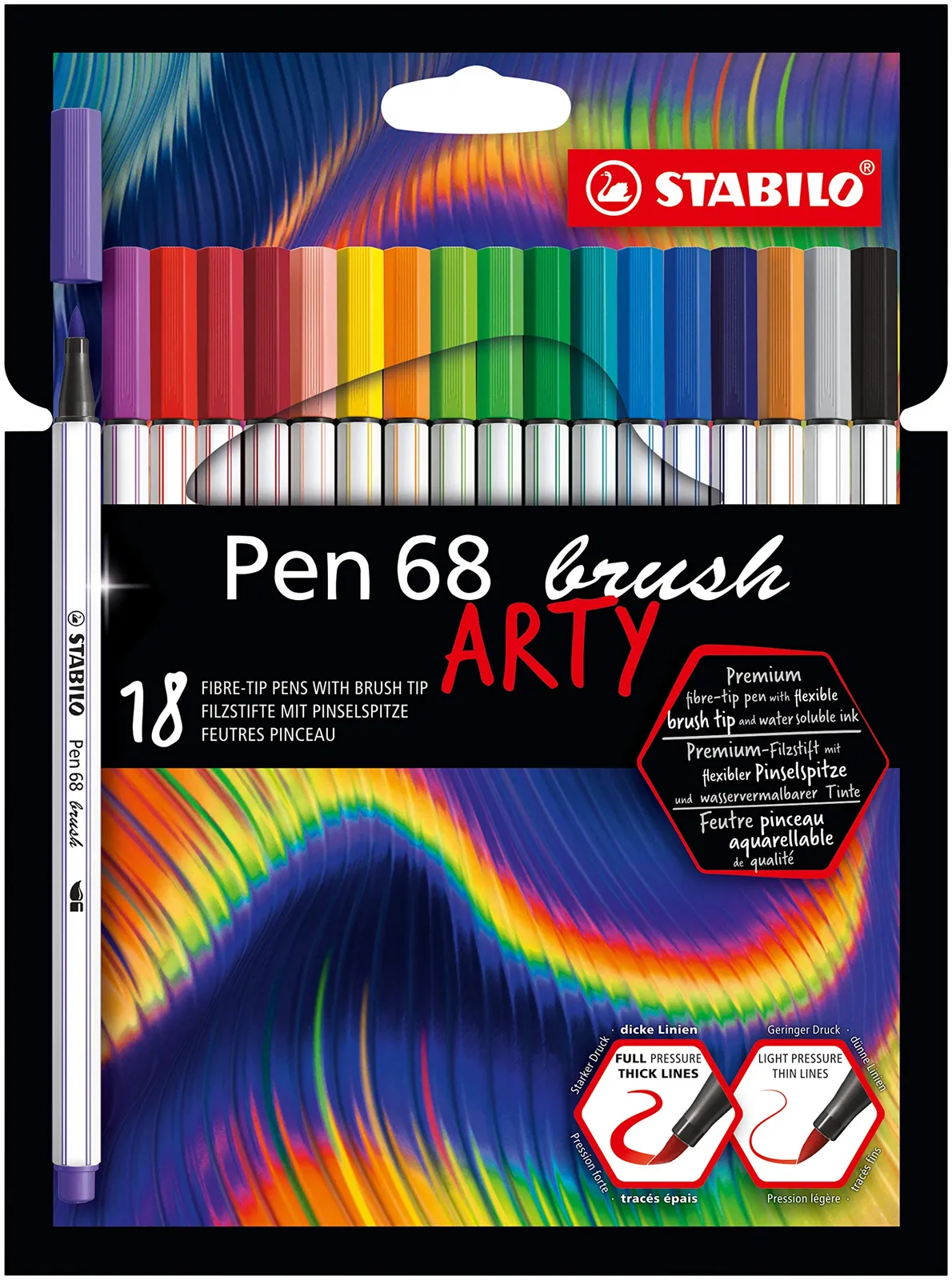 STABILO Pen 68 brush ARTY: Estuche 18 rotuladores punta pincel, 18 colores