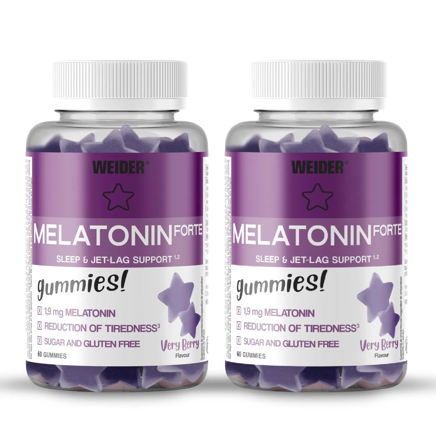 Weider Pack Duo Melatonin Forte Gummies: 2x60uds Sabor Frutas Bosque, 1.9mg Melatonina/uds