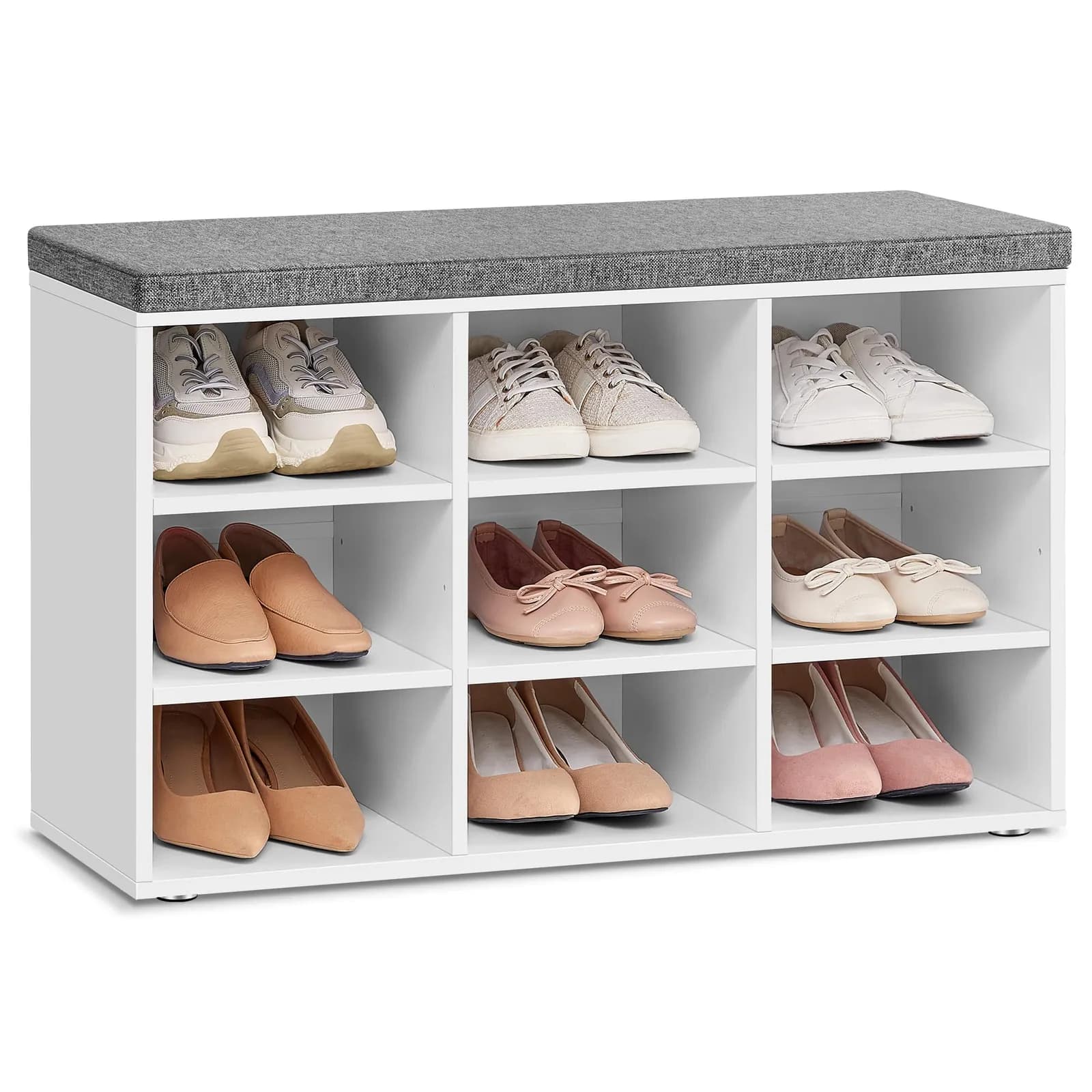 VASAGLE Banco Zapatero con Asiento Acolchado y 9 Compartimentos | 78.5 x 48 x 30.3 cm | Blanco/Gris