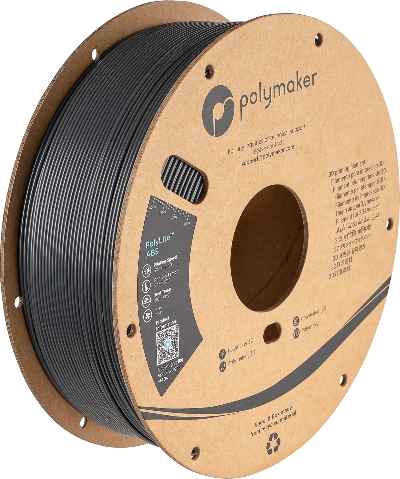 Filamento Polymaker PolyLite ABS 1.75mm Gris Oscuro, Bobina Cartón