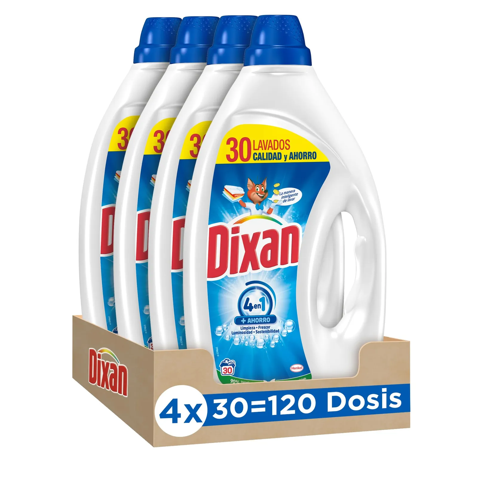 Dixan Gel Total+ 4 en 1: Detergente Líquido Lavadora (4 x 1350 ml) para Ropa Clara y Blanca