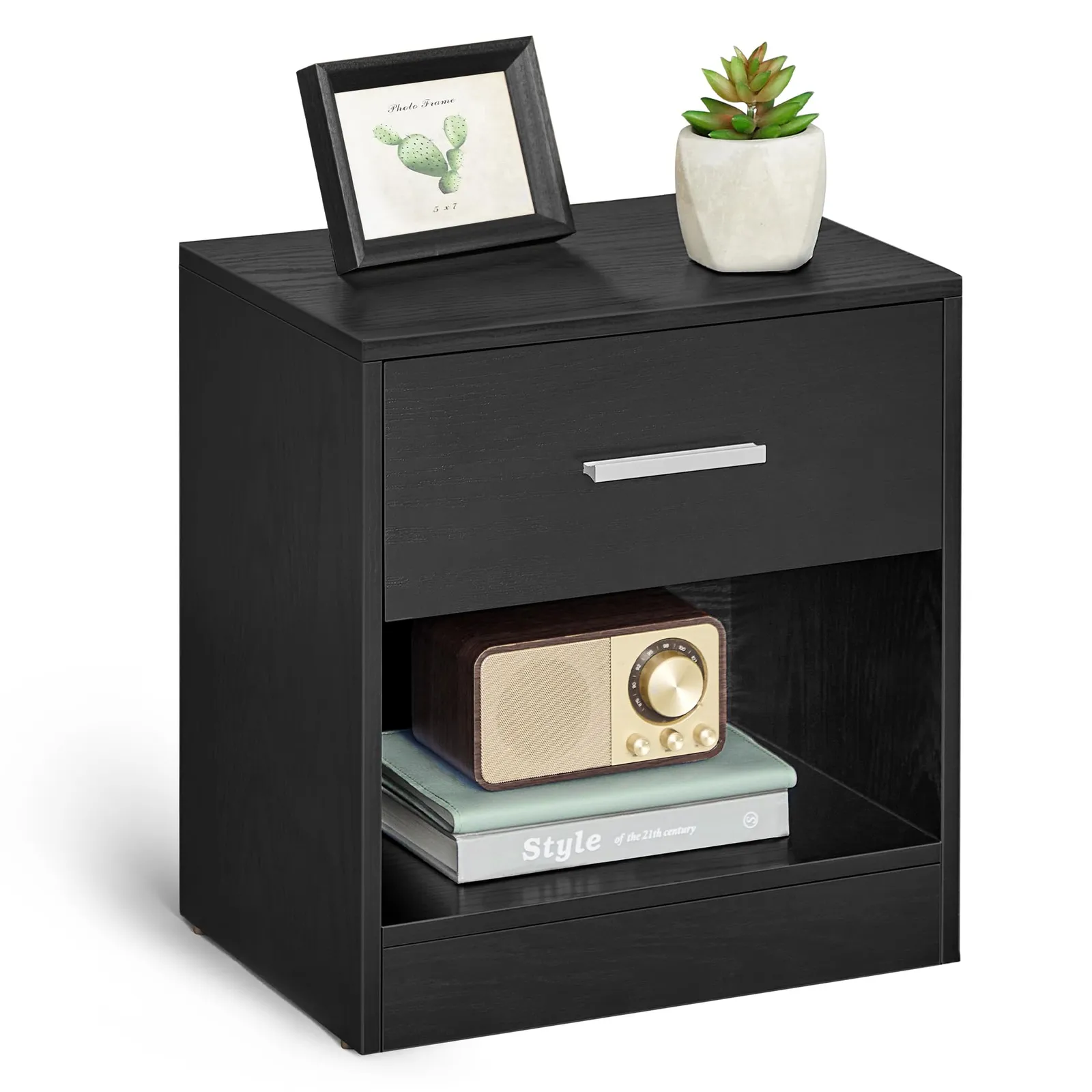 VASAGLE Mesita de Noche Dormitorio Salón Asa Compartimento Abierto Negro LET619T56