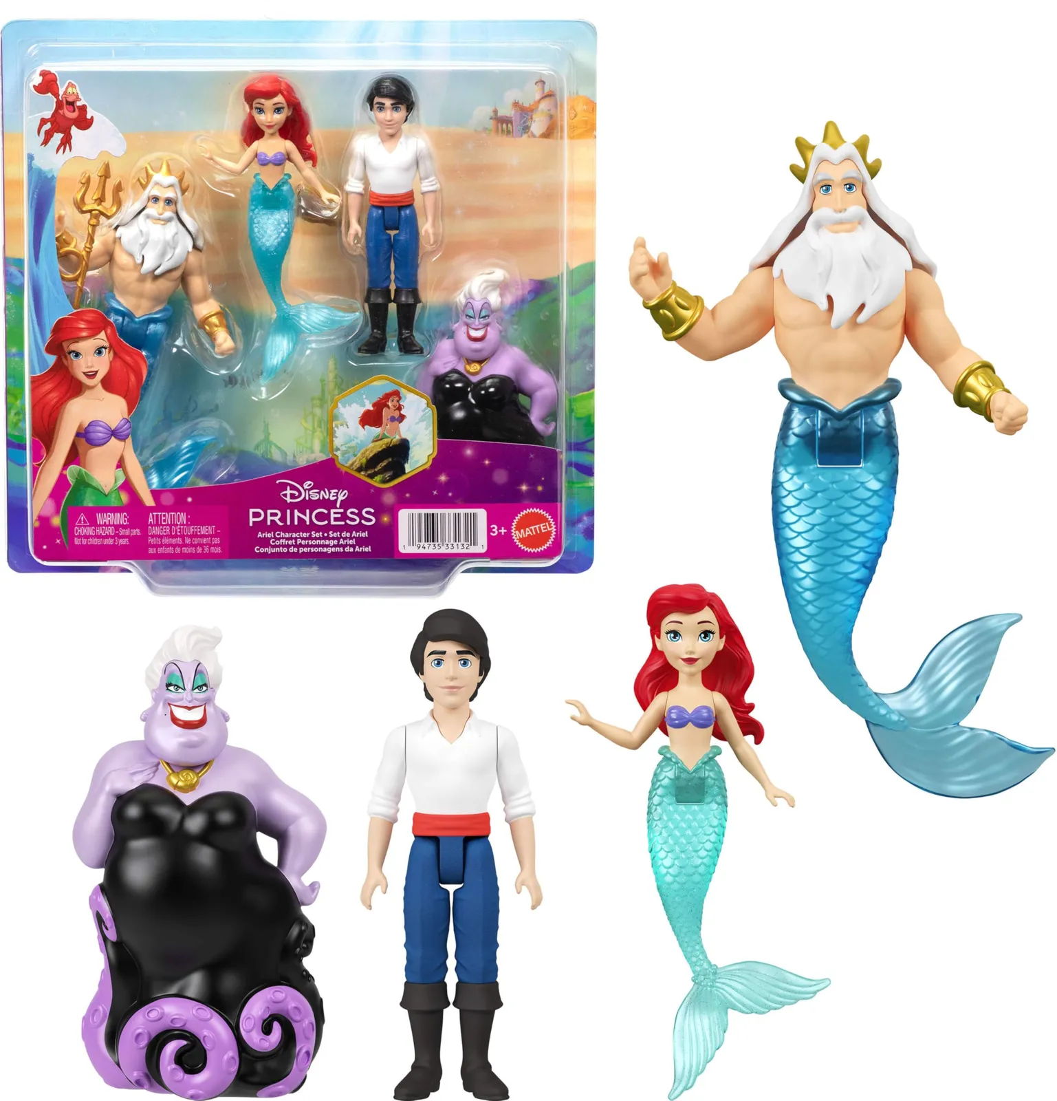 Mattel Disney Princesas Ariel Pack 4 Muñecos Pequeños (Ariel, Eric, Úrsula, Tritón)