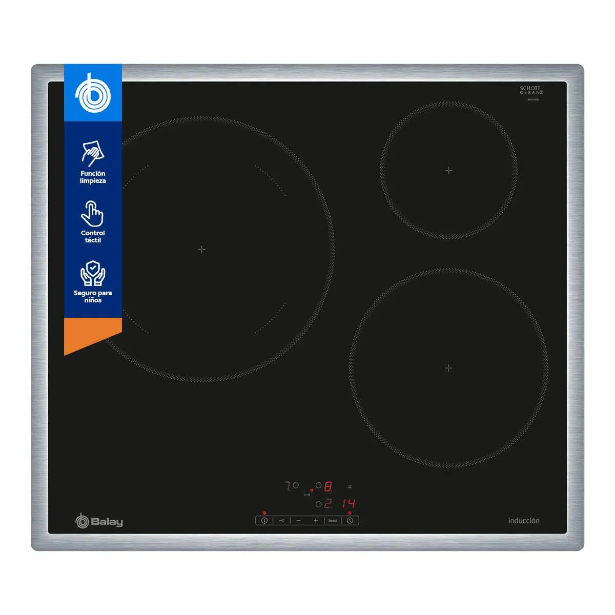 Placa de Inducción Balay 3EB865XR, 60 cm, 3 fuegos, Marco Acero Inoxidable