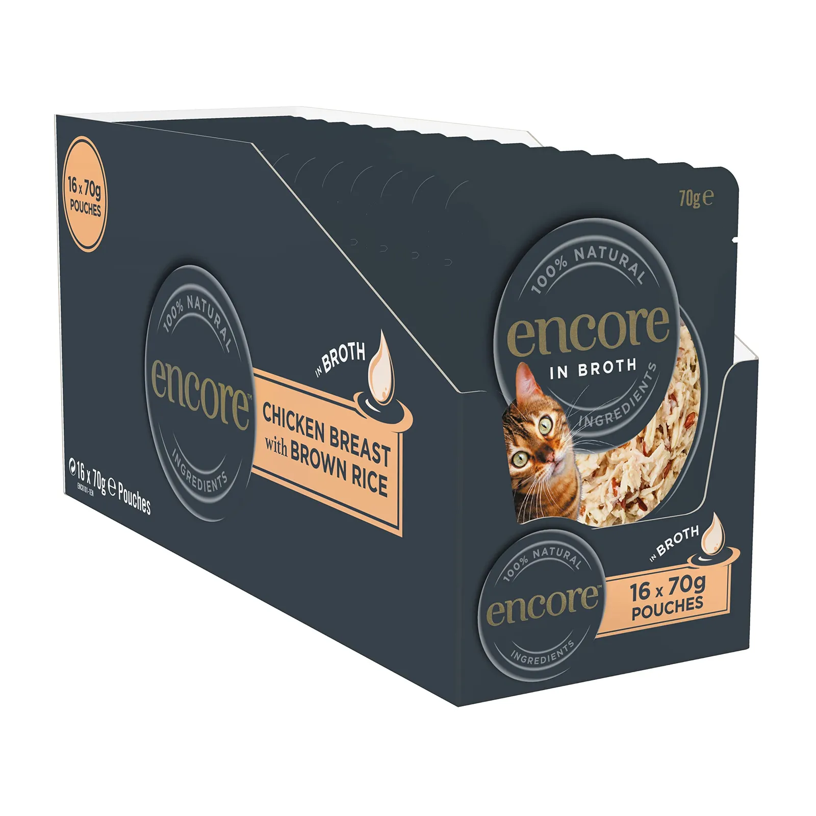 Comida húmeda Encore para gatos: Pollo con Arroz Integral en Caldo - Pack 16x70g