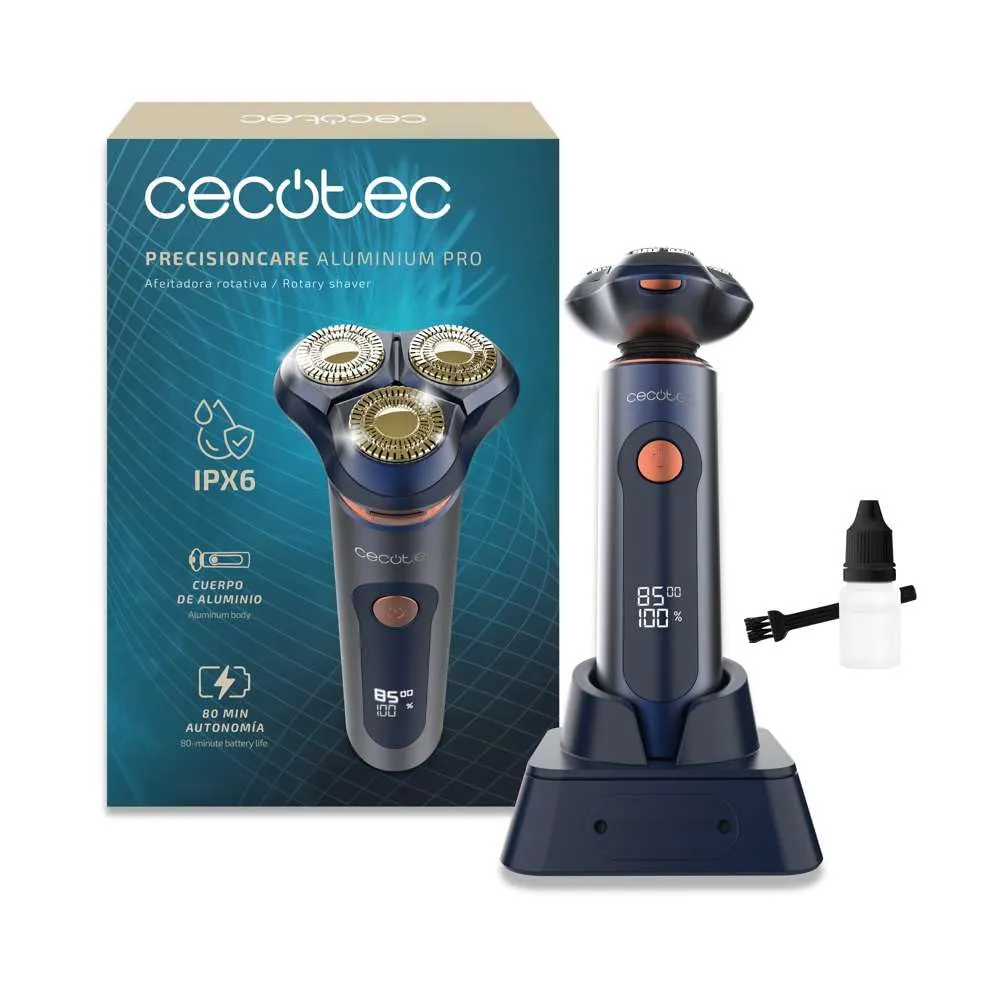 Cecotec Afeitadora Rotativa PrecisionCare Aluminium Pro: Autonomía 80min, Pantalla LCD, Titanio, IPX6