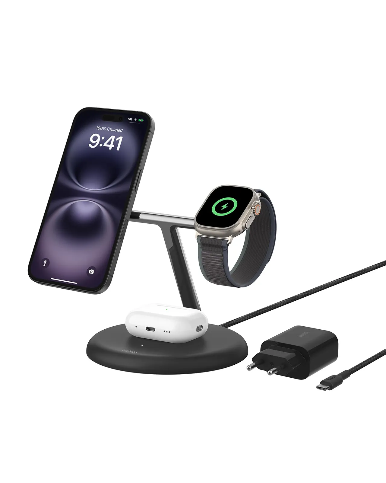 Belkin Soporte Carga Inalámbrica 3 en 1 MagSafe Qi2 15W Negro