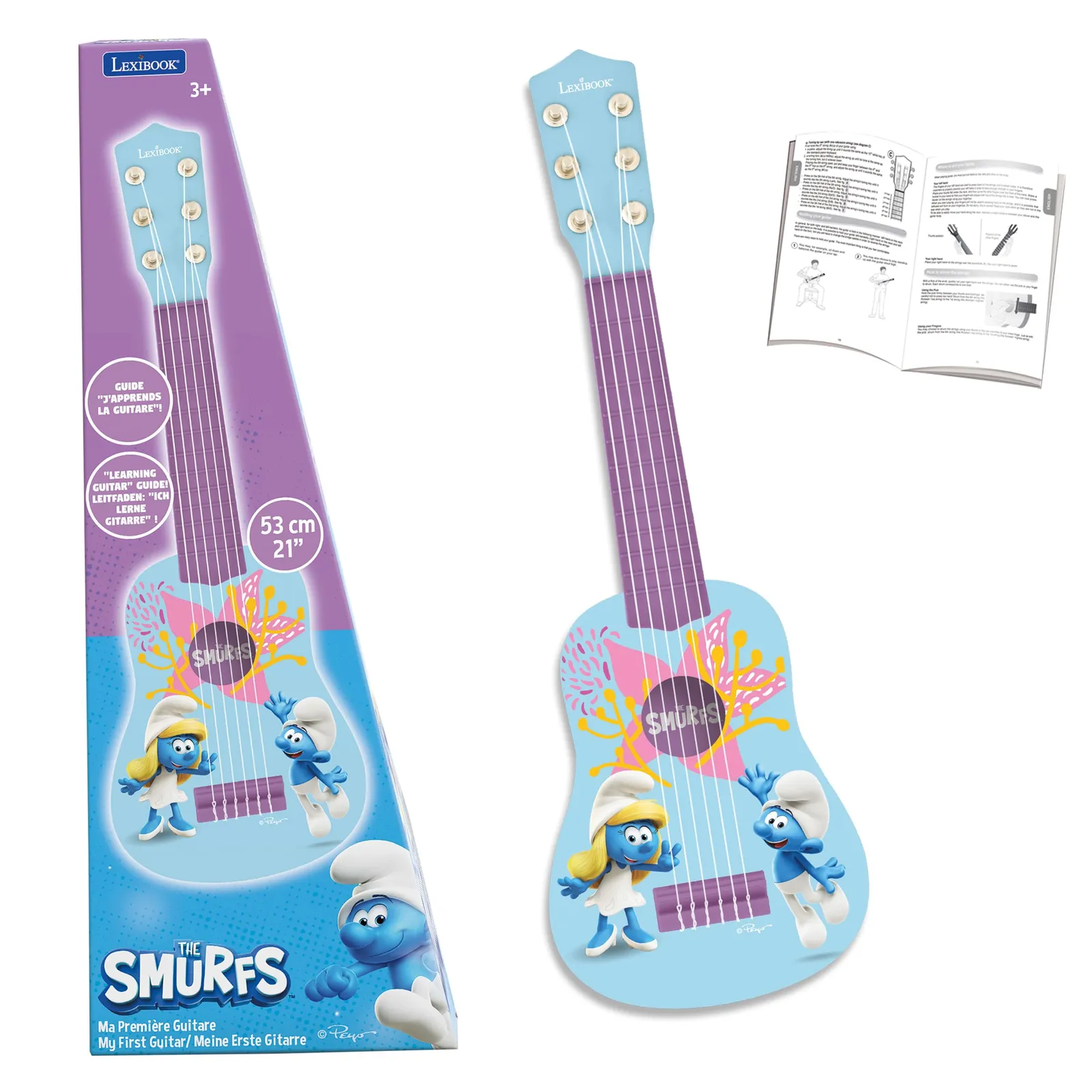Lexibook K200SF - Mi Primera Guitarra Los Pitufos, 53 cm, 6 Cuerdas Nylon, Incluye Guía, Azul