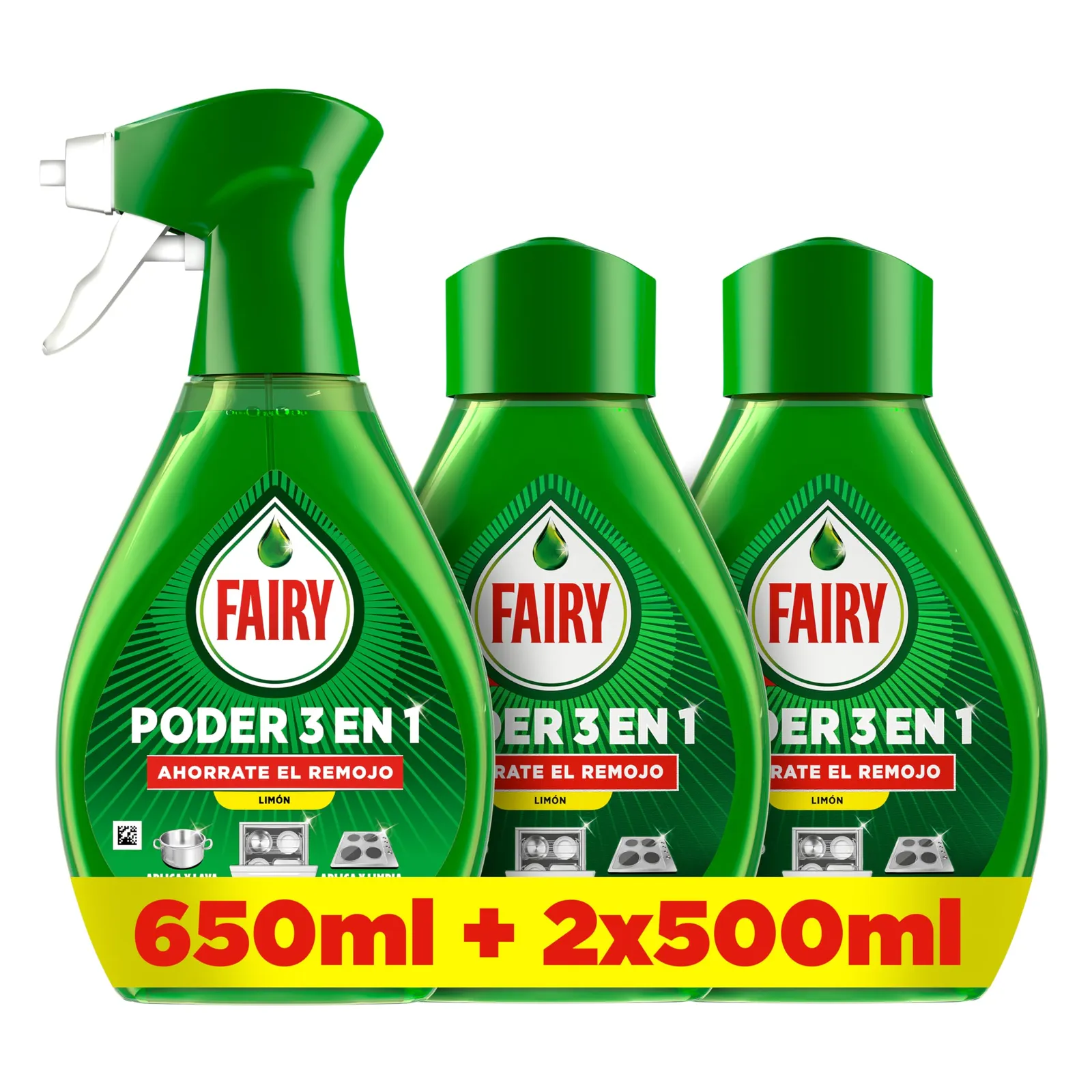 Fairy Poder Sin Remojo: Pack Spray Limón 650ml + 2 Recambios 500ml