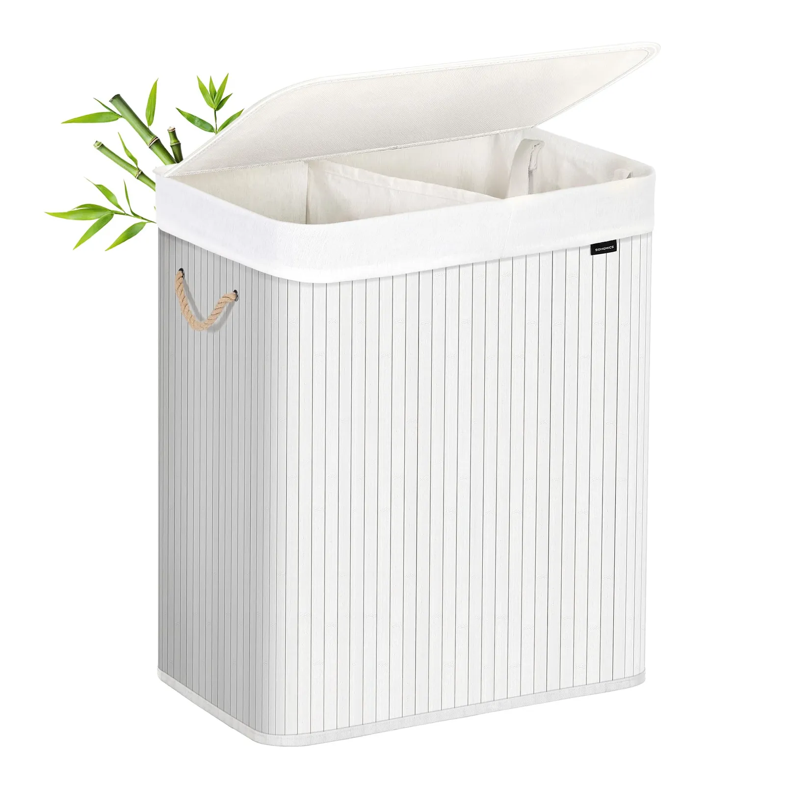 Cesto Ropa SONGMICS LCB64WT, 100L, Bambú, 2 Compartimentos, Tapa y Asas, Plegable, Bolsa Extraíble