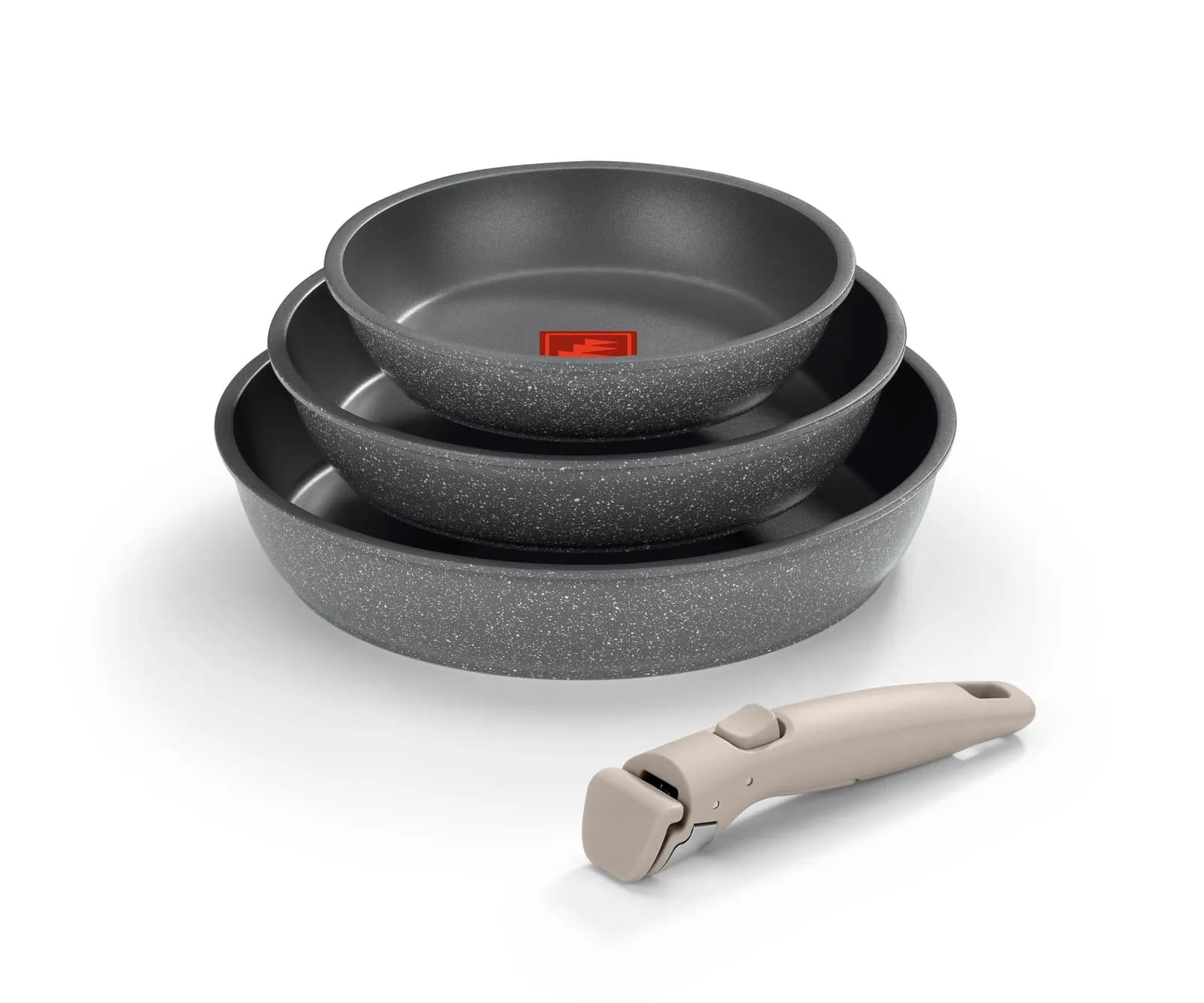 Set 3 Sartenes Monix One Click Pietra (20-24-26 cm) Antiadherentes con Mango Desmontable y Termoindicador