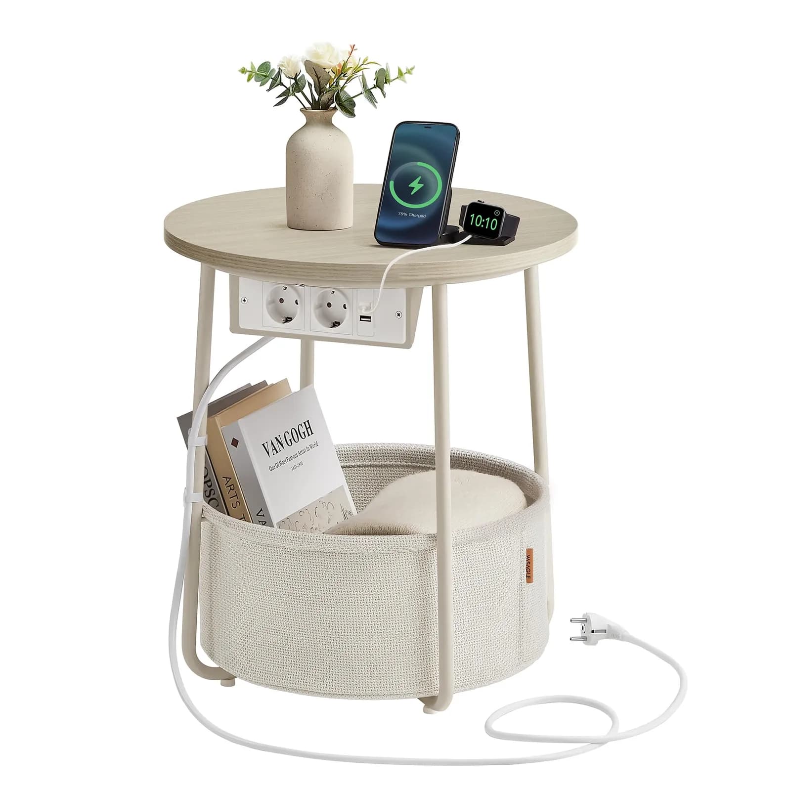 VASAGLE Mesa Auxiliar Redonda con Cesta y Regleta, 40 x 40 x 55 cm, Natural y Crema LET228LL01