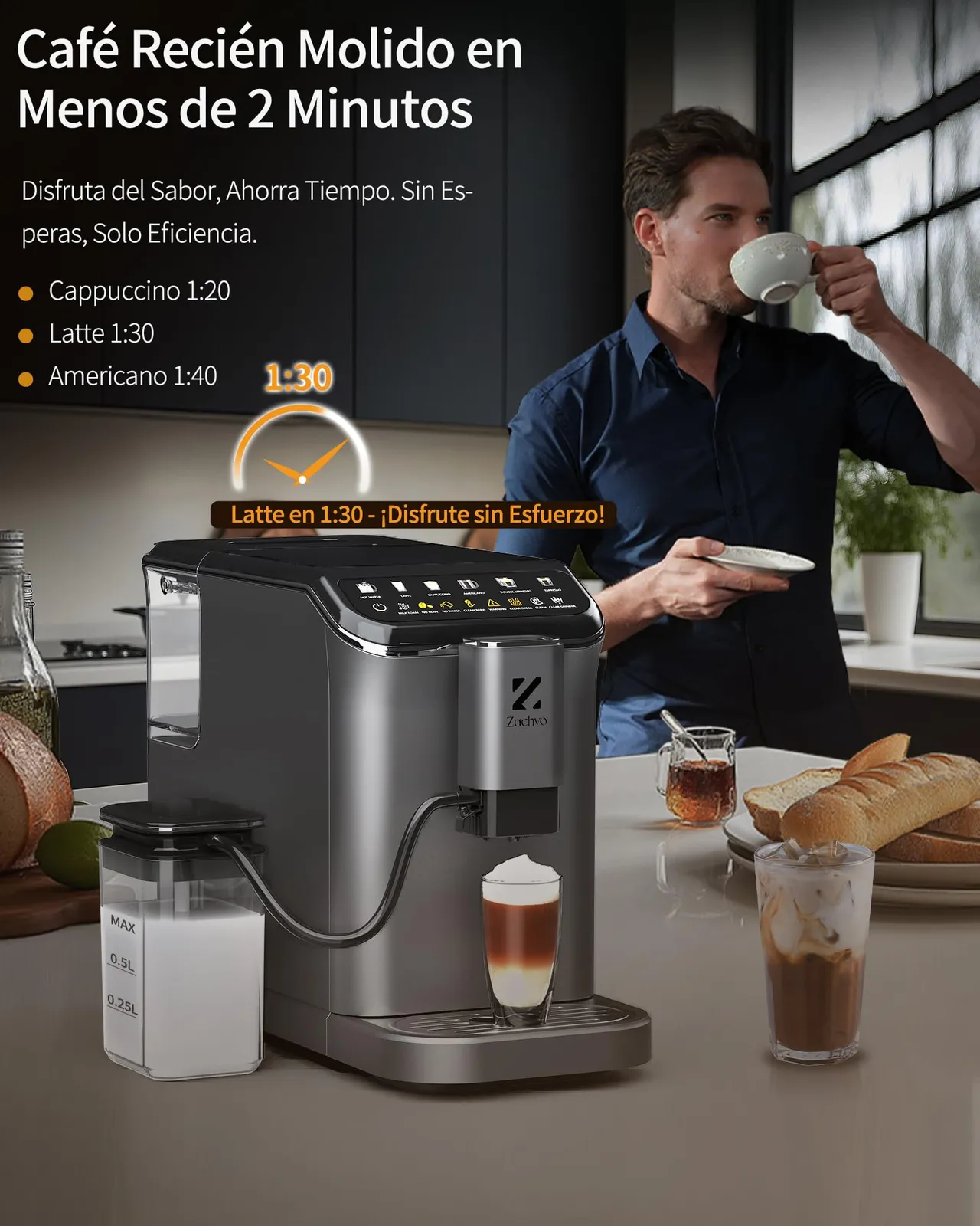 ZACHVO Cafetera Superautomática: 20 Bares, 7 Bebidas, Control PID