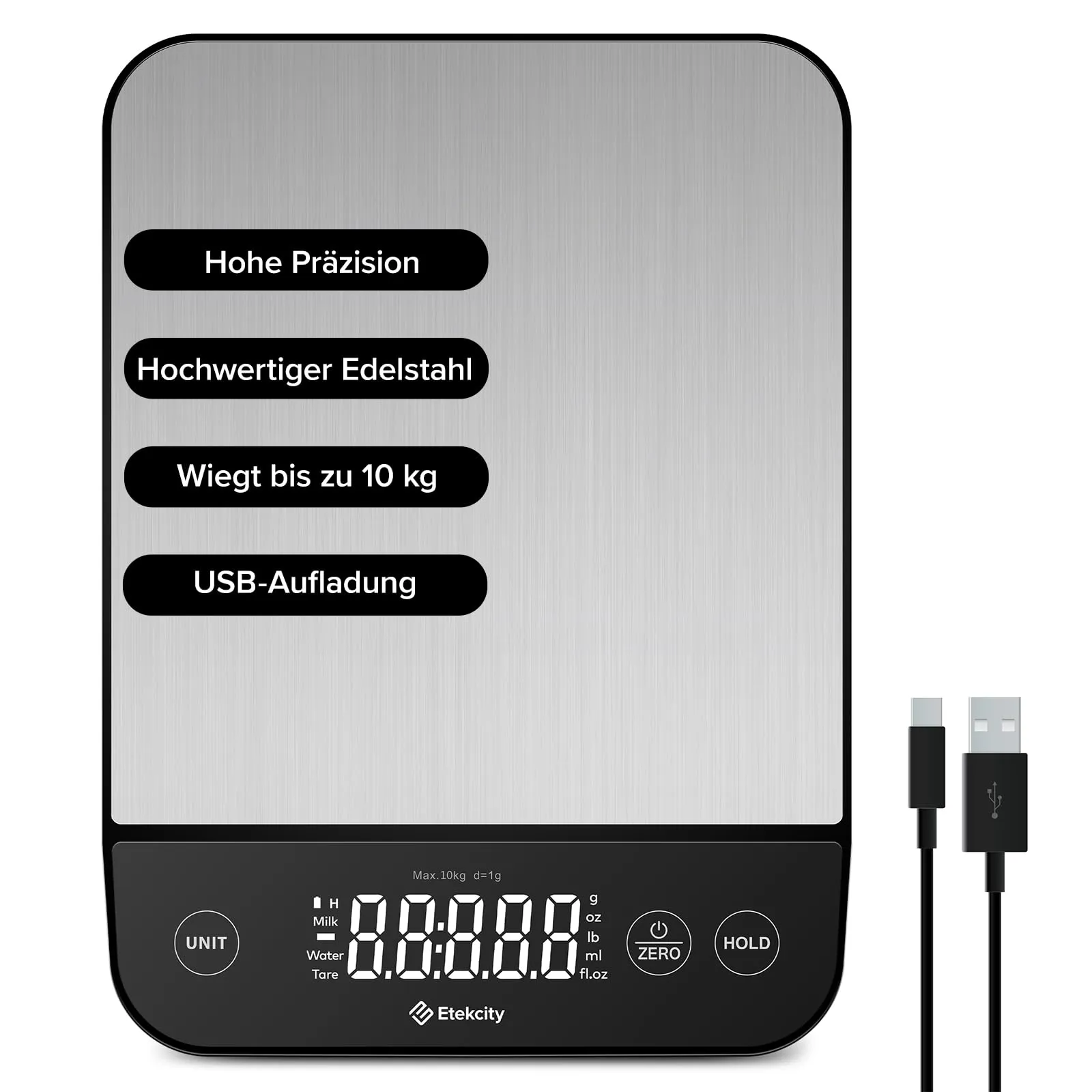 Etekcity Báscula Cocina Digital Precisión 1g/10kg Acero Inoxidable Carga USB