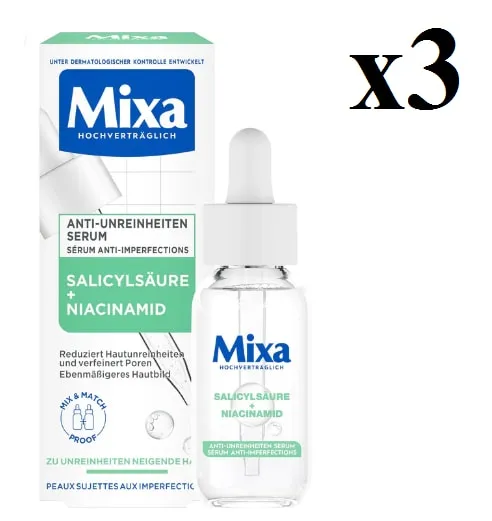 Mixa Sérum Anti-impurezas 3x30ml con Ácido Salicílico, Escualano y Niacinamida