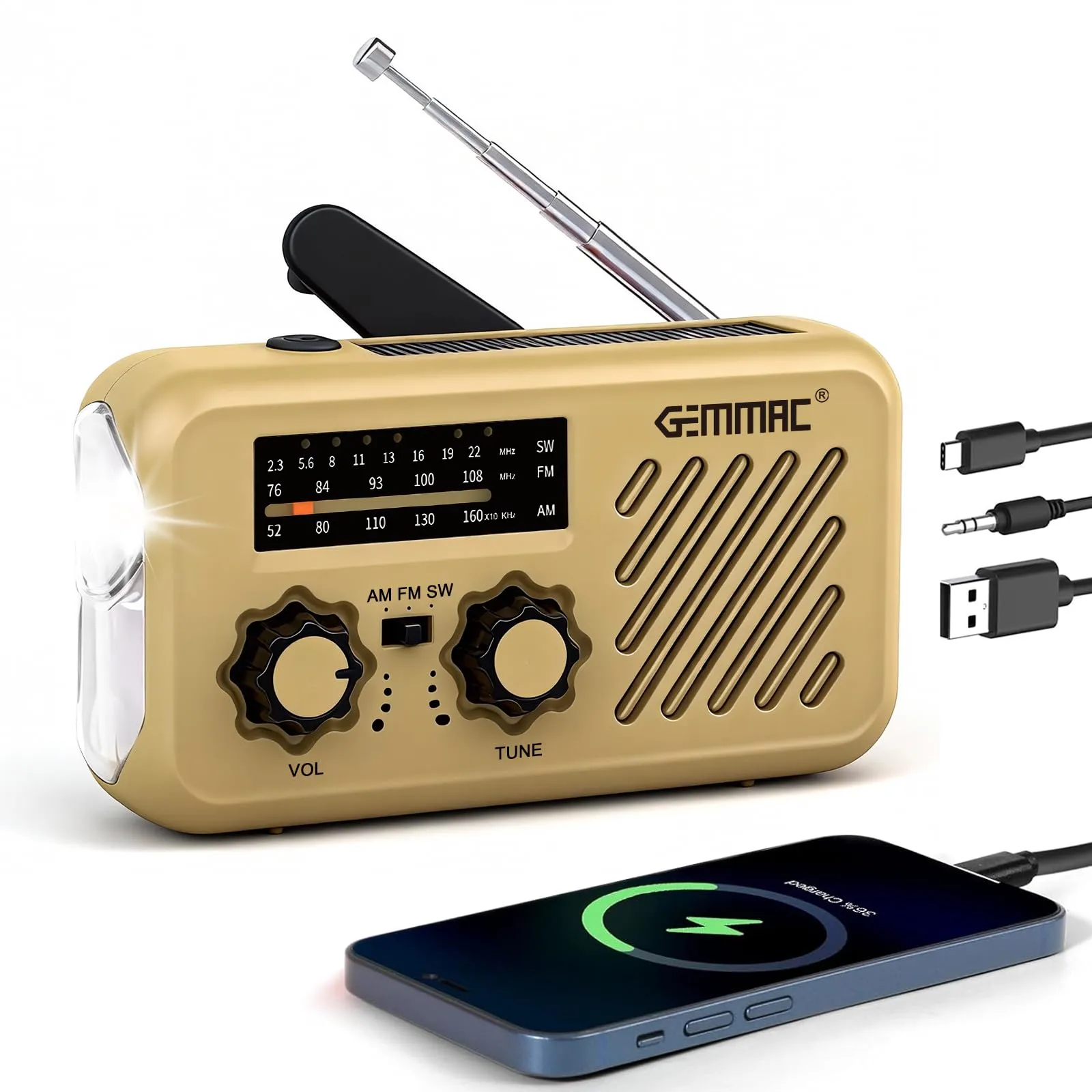 Linterna Solar Radio Emergencia Manivela Portátil Gemmac FM/AM/SW, Powerbank 2000mAh