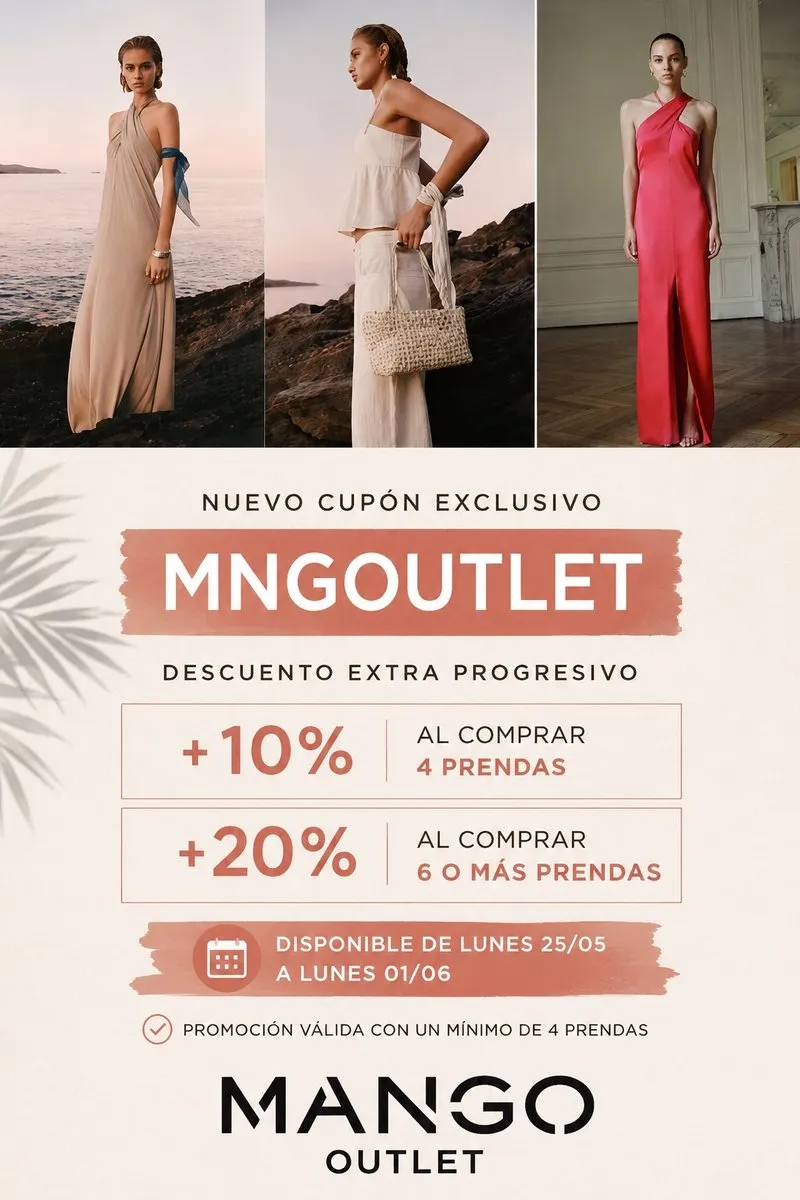 Mango Outlet: -10% en 4 prendas, -20% en 6+ con cupón MNGOUTLET